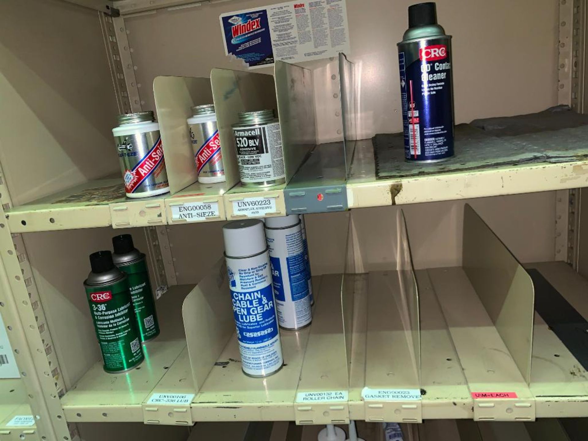 SHELVING WITH CONTENTS: GLOVES, SPRAY BOTTLES ASSORTED PARTS, CHAIN LUBE, HAND SANITIZER, CAN - Image 17 of 35