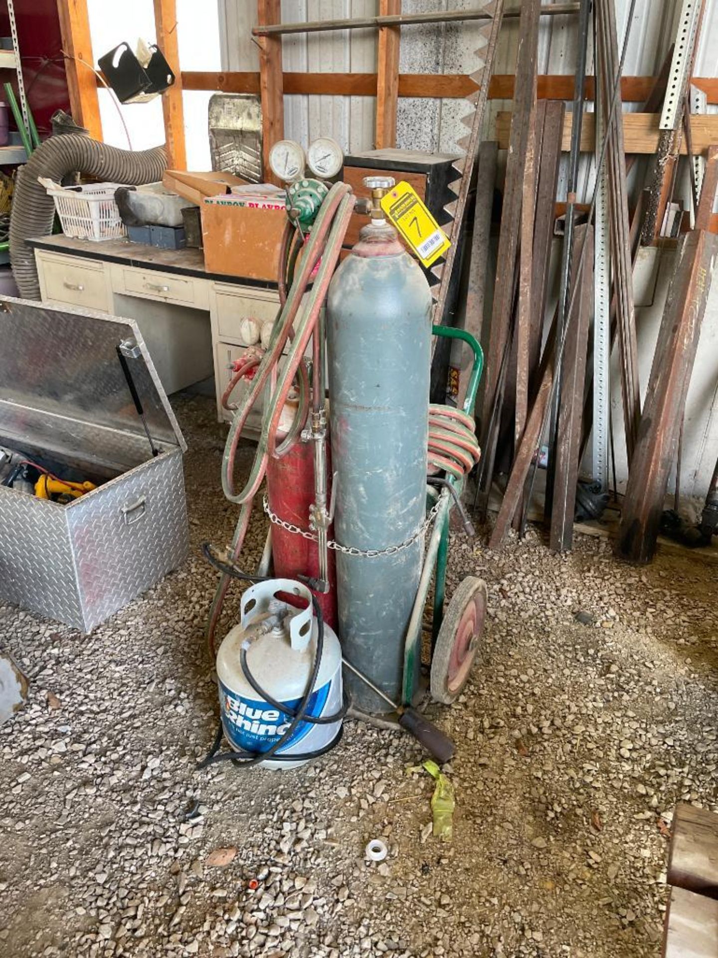 OXY-ACETYLENE CUTTING SYSTEM ON SAFE-T CART BOTTLE DOLLY, 25' HOSES, AND PROPANE TORCH