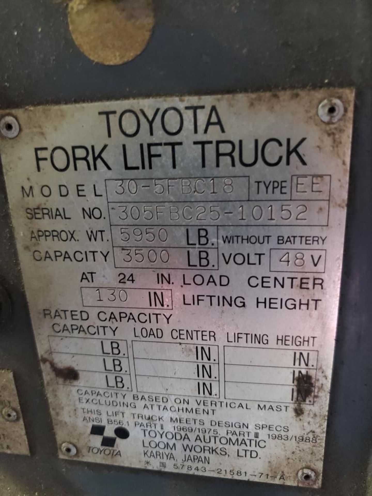 TOYOTA 3,500 LB. CAPACITY ELECTRIC FORKLIFT, MODEL 30-5FBC18, 36-VOLT, 82 1/2 2-STAGE MAST, 42'' - Image 12 of 13