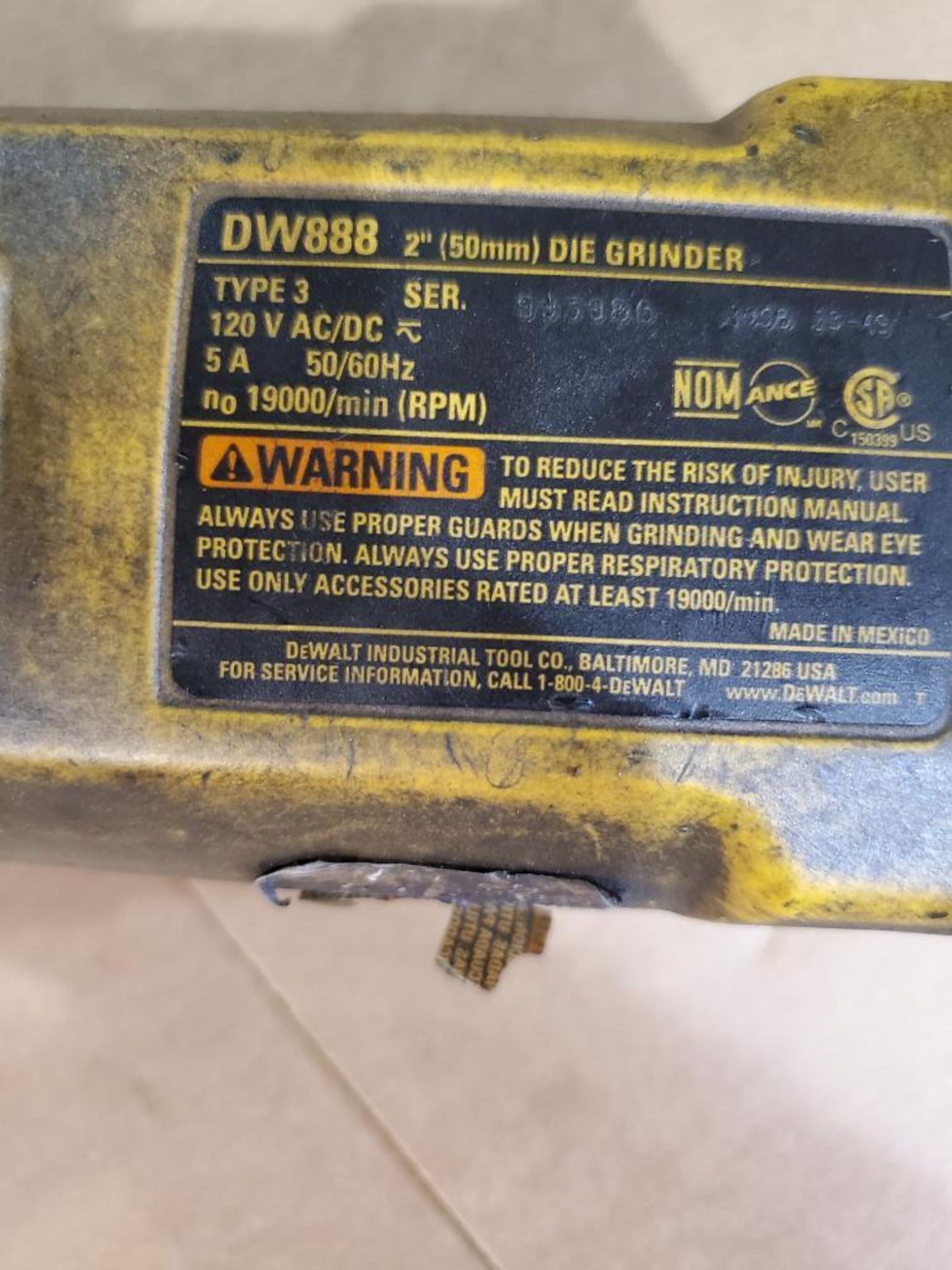 DEWALT 2'' DIE GRINDER, MODEL DW888, S/N 933986, TYPE 3, 120-VOLTS, 50/60 HZ - Image 2 of 2