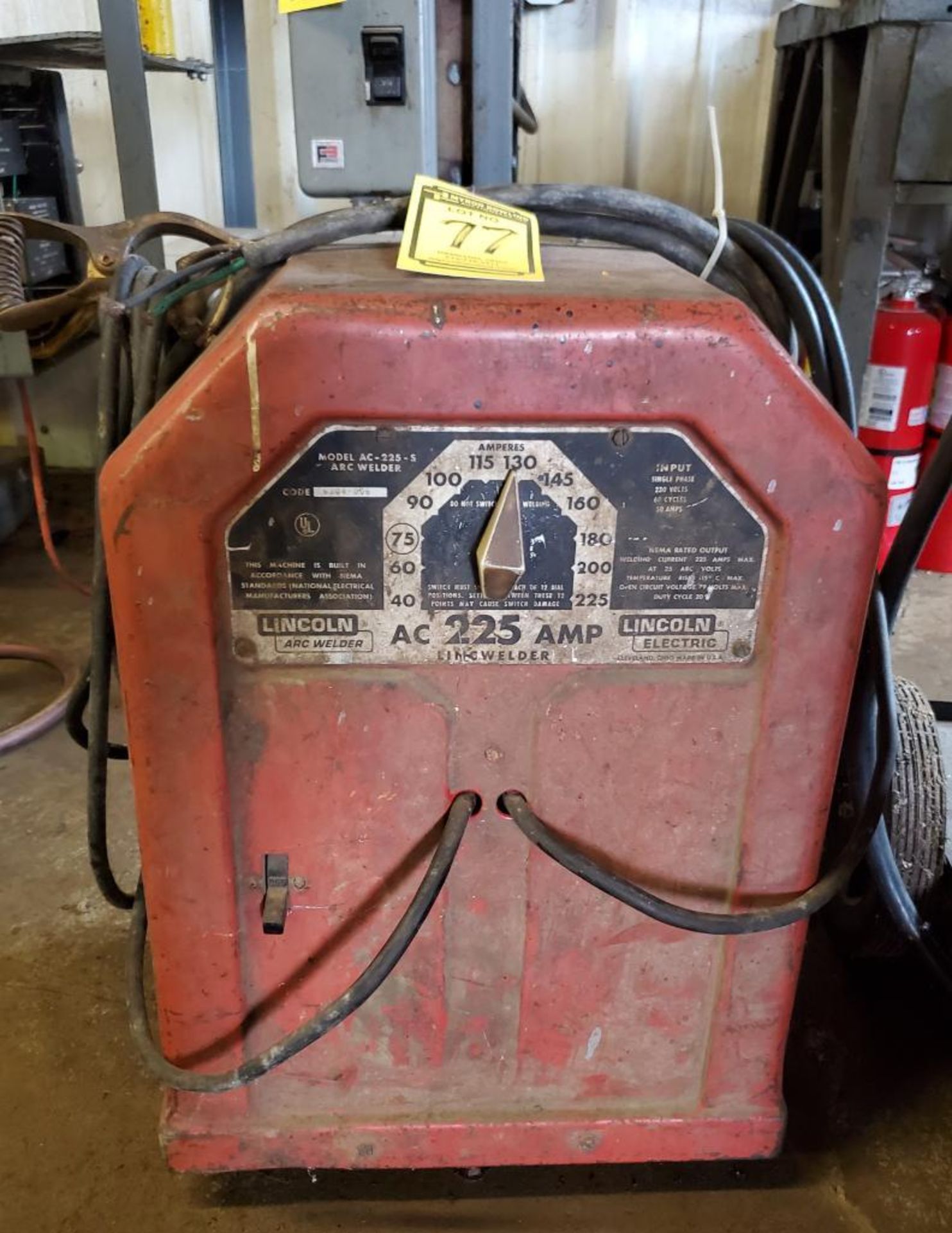 LINCOLN ARC ELECTRIC WELDER, MODEL AC-225-5, CODE 6304-006, SINGLE PHASE, 230-VOLTS, 50-AMPS