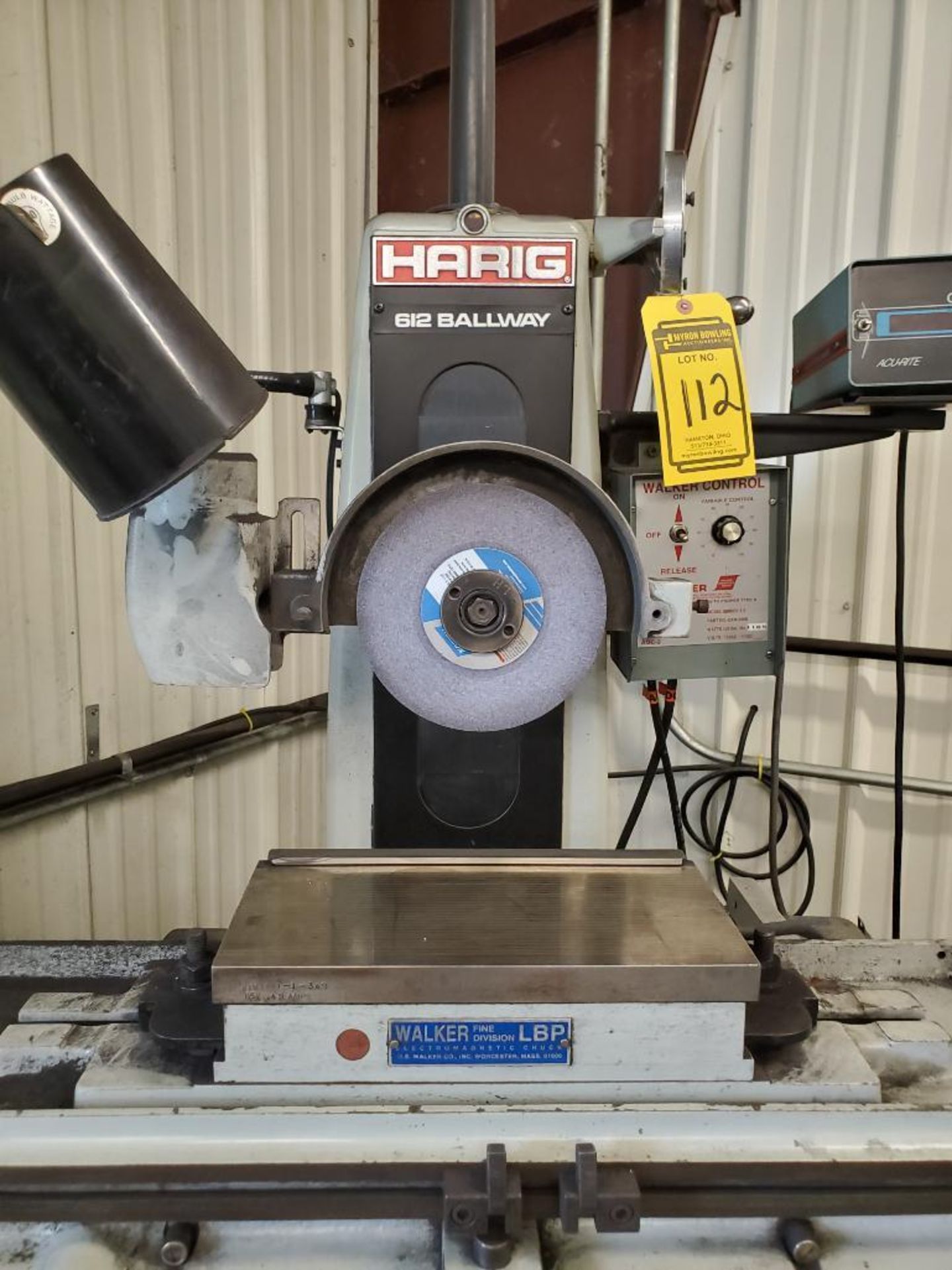 HARIG 612 BALLWAY HAND FEED SURFACE GRINDER, ACU-RITE QUICKCOUNT II DRO CONTROL, 12'' X 6'' WALKER - Image 3 of 5