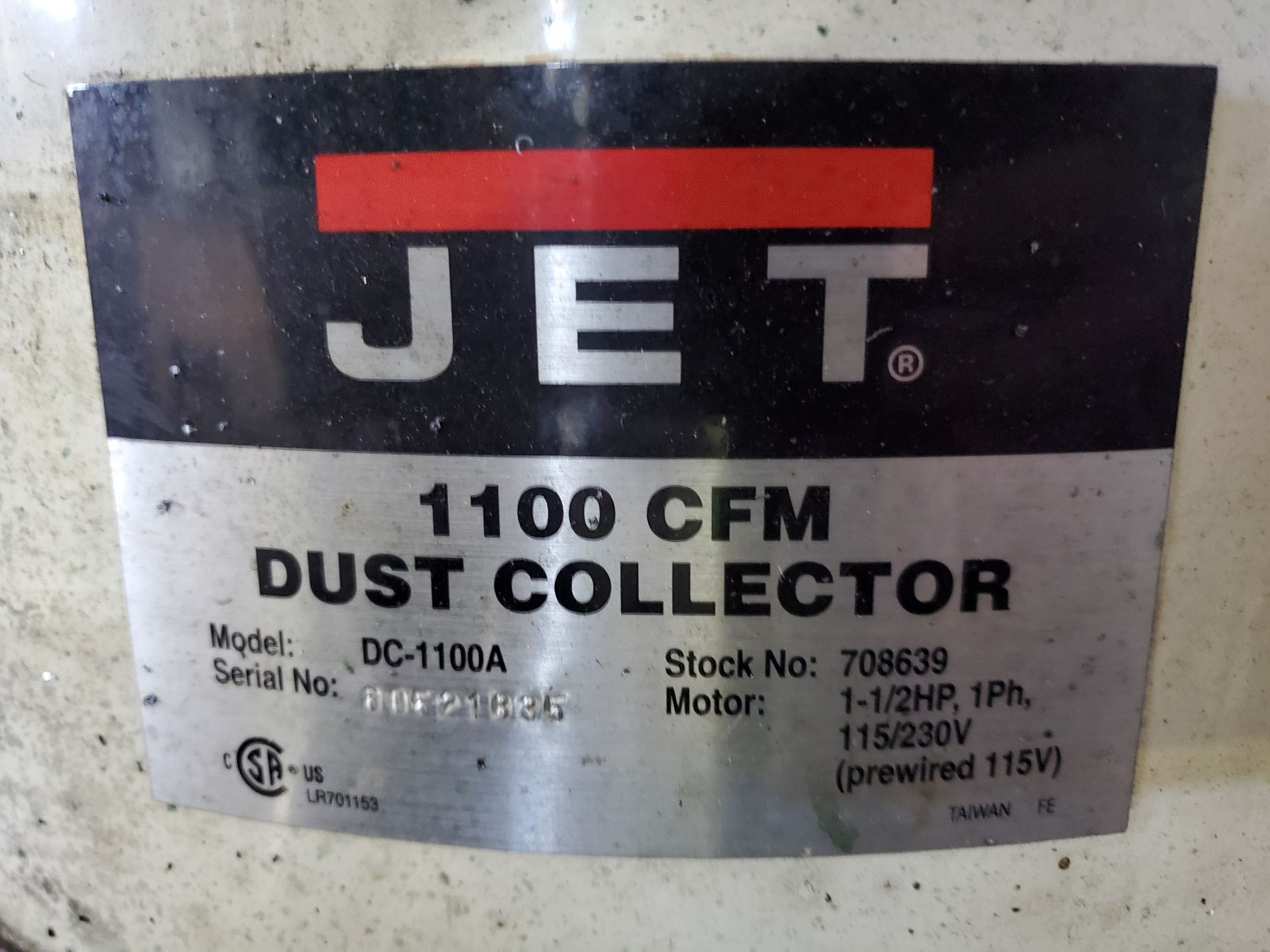 JET 1.5 HP PORTABLE DUST COLLECTOR, MODEL DC-1100A, SINGLE PHASE, ON TRANSFER CART - Image 6 of 6