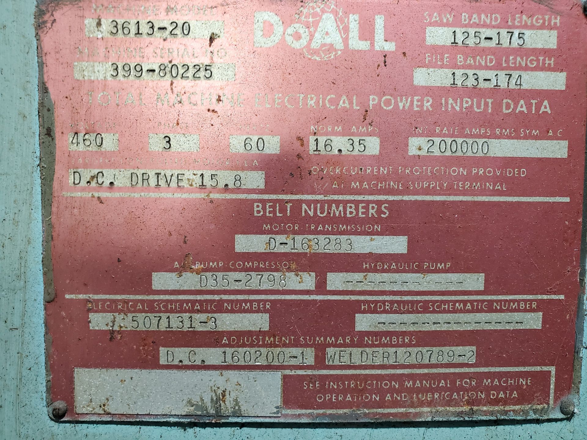 DO-ALL VERTICAL BAND SAW, MODEL 3613-20, S/N 399-80225, CONTOUR MACHINE, 16'' THROAT, FOOTSWITCH, DB - Image 5 of 8