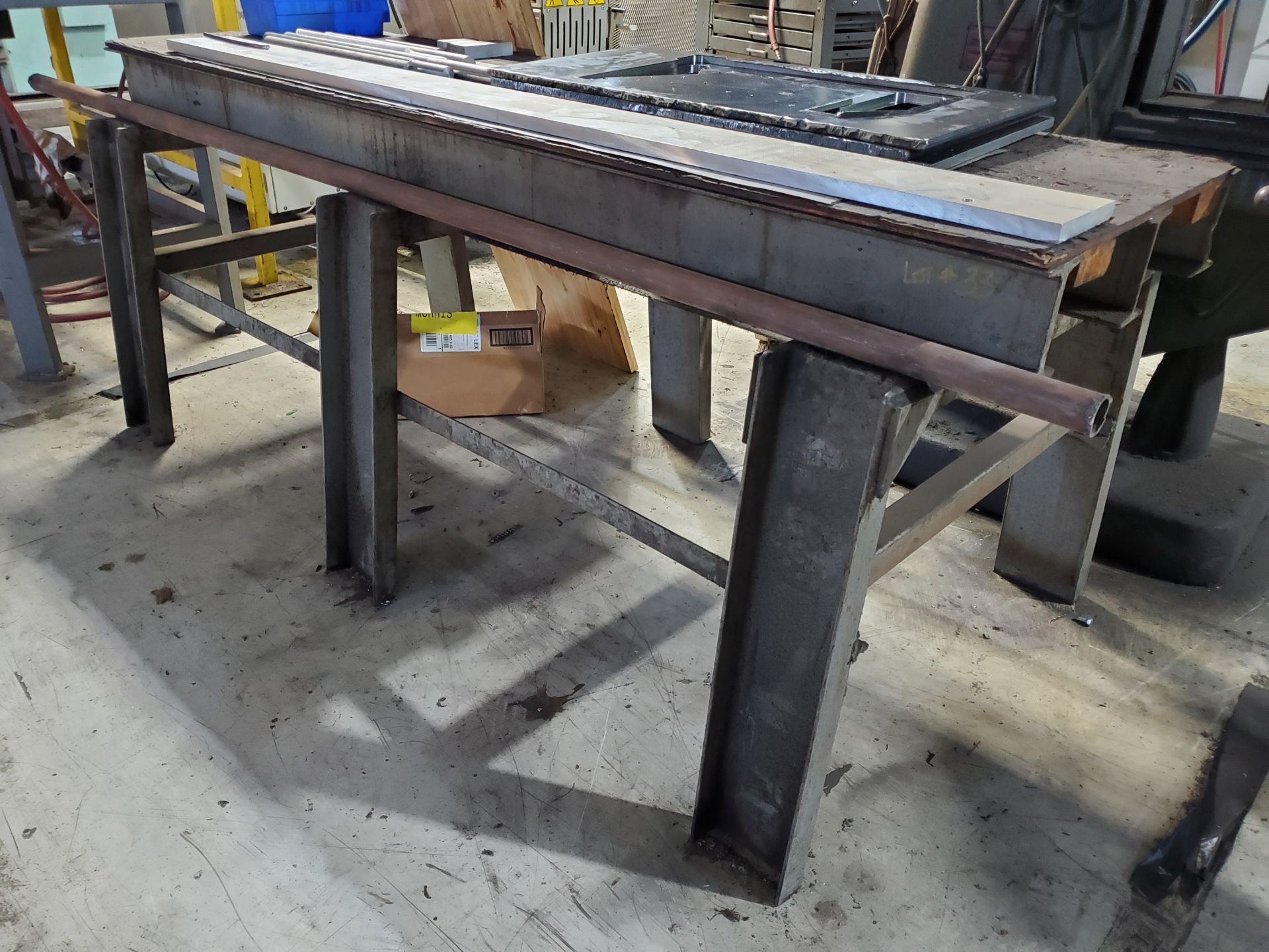 84'' X 26'' CUSTOM I-BEAM HD STEEL TABLE, 33-1/2'' TOP HEIGHT, WOOD TOP