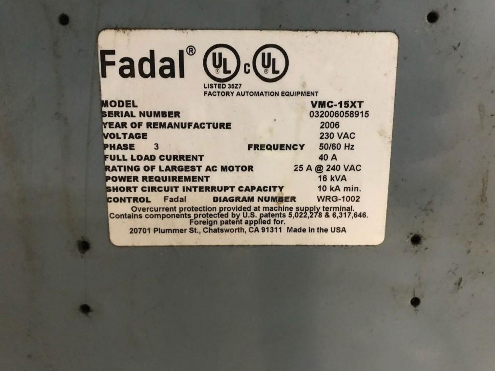 2006 FADAL VMC15XT CNC VERTICAL MACHINING CENTER, S/N 032006058915 - Image 3 of 5