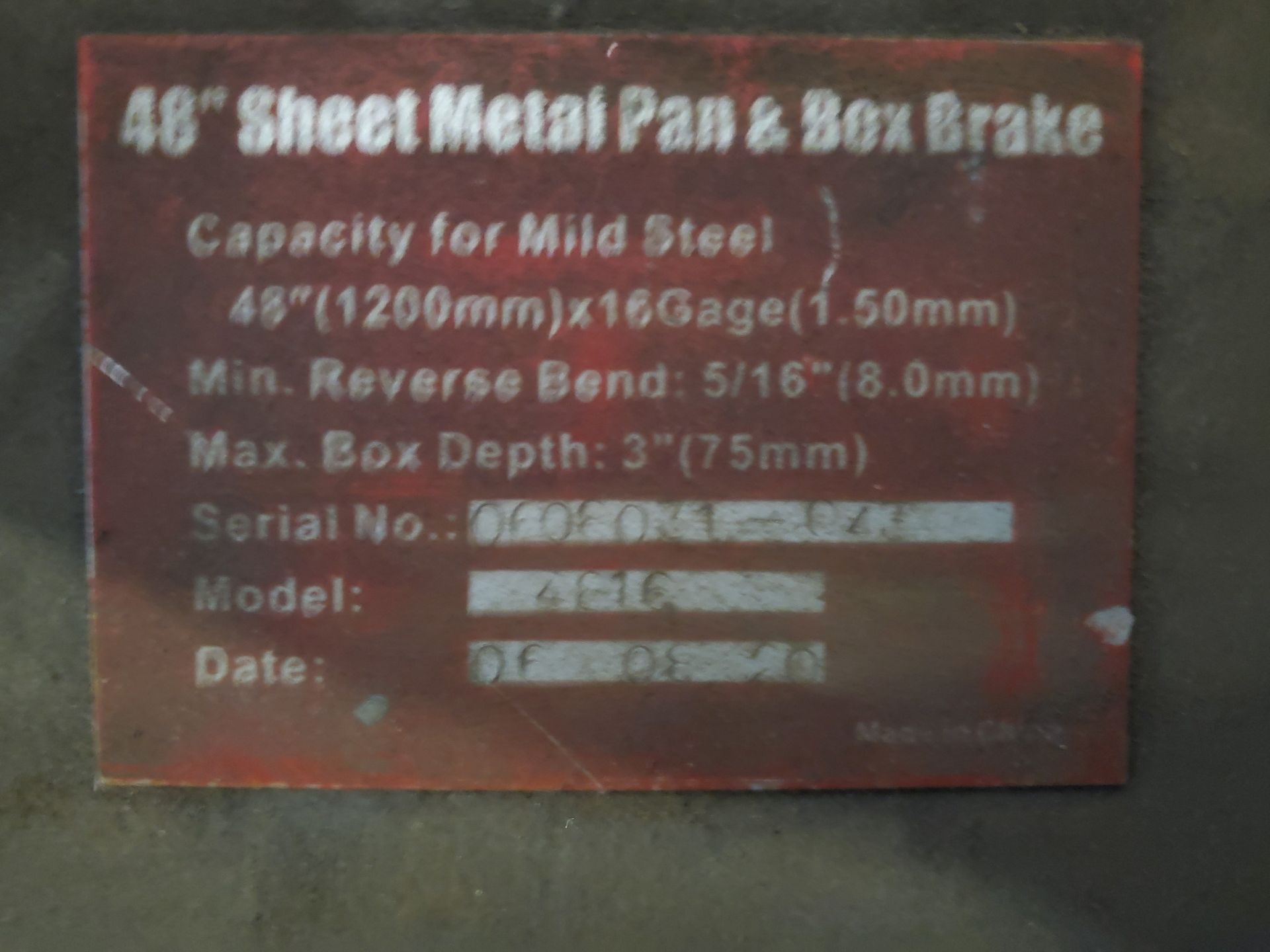 48'' SHEET METAL PAN & BOX BRAKE, MODEL 4816, 16 GAGE CAPACITY, 5/16'' MIN REVERSE BEND, 3'' BOX DEP - Image 5 of 6