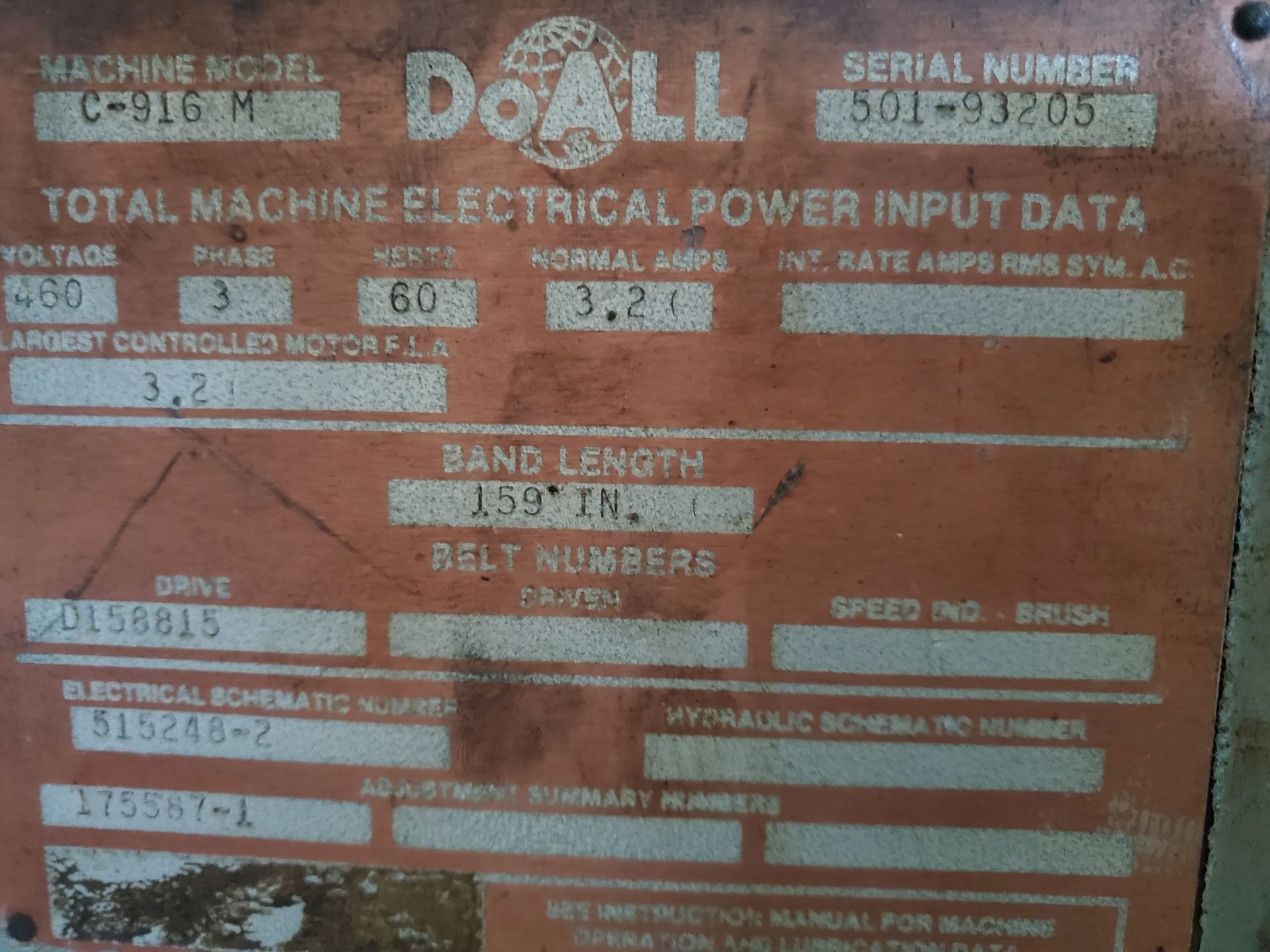 DO-ALL HORIZONTAL HYDRAULIC BAND SAW, MODEL C-916/M, S/N 501-93205, 159'' BAND LENGTH, MATERIAL CLAM - Image 6 of 6