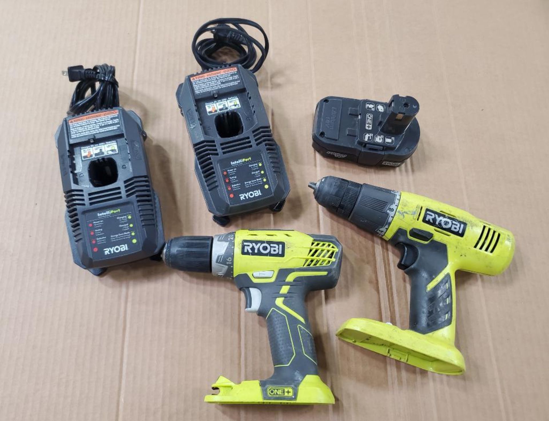 RYOBI 3/8'' DRILL, MODEL P209, AND 1/2'' DRILL, MODEL P208B, WITH (1) 18-VOLT BATTERY AND (2) CHARGE