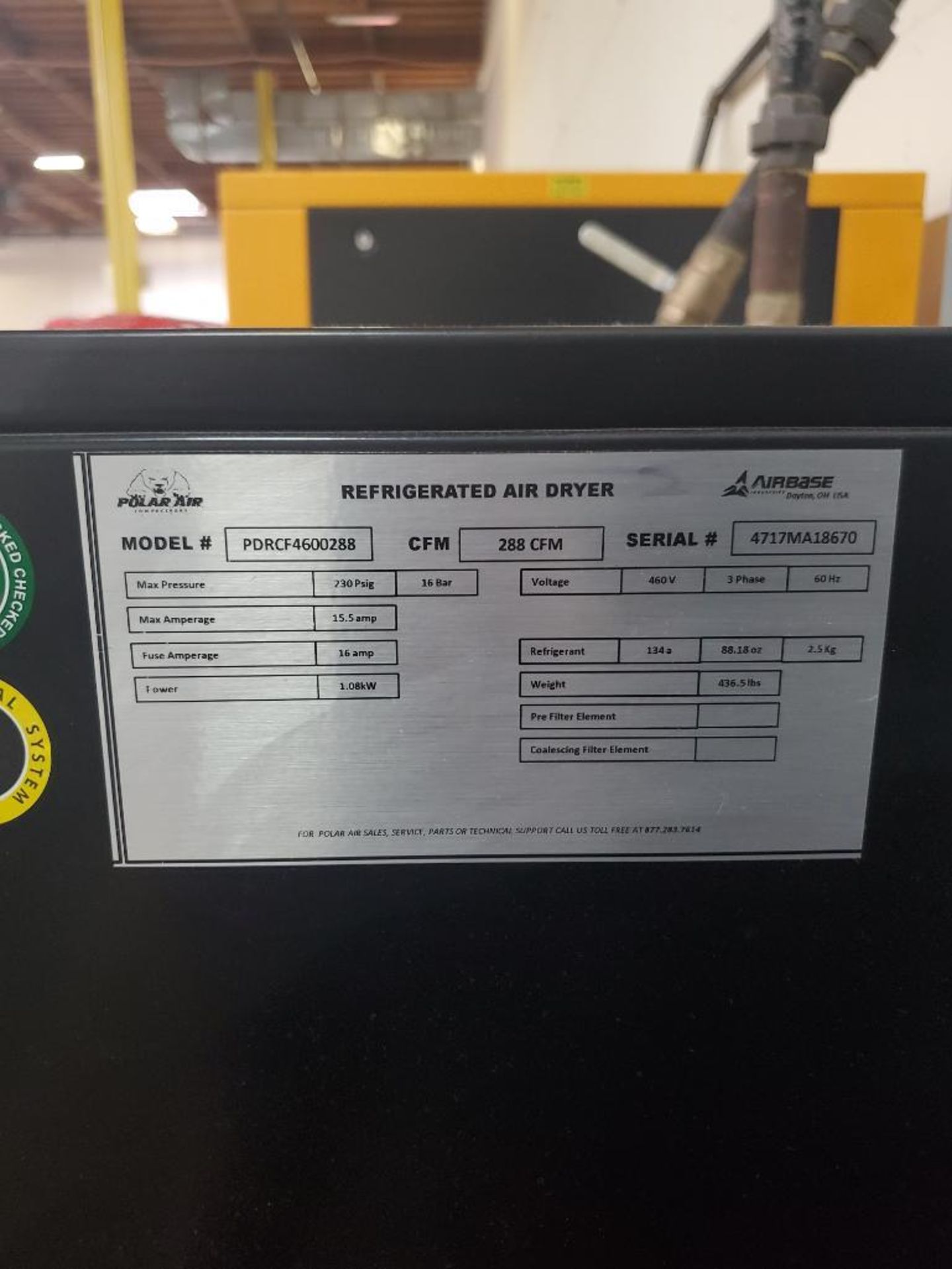 POLAR AIR REFRIGERATED AIR DRYER; MODEL PDRCF46000288, S/N 471MA18670, 3-PHASE, 460-VOLTS - Image 6 of 6