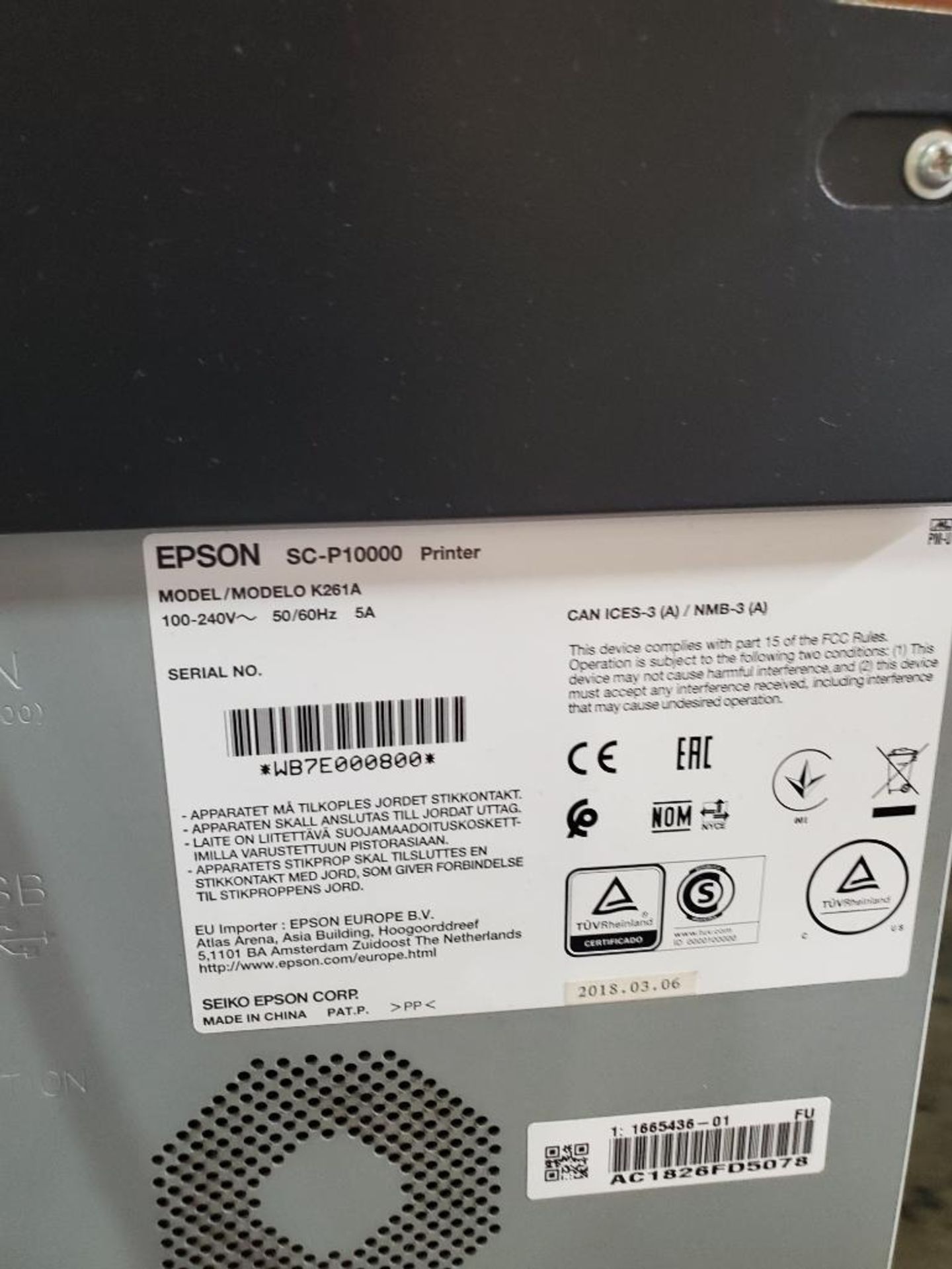 EPSON ULTRA CHROME SURECOLOR P10000 PRINTER; MODEL K261A, S/N WB7E000800 - Image 5 of 5