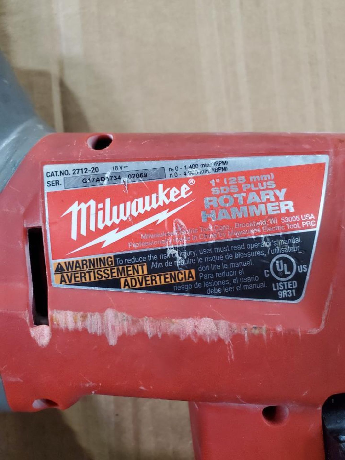 MILWAUKEE 1'' ROTARY HAMMER DILL SDS PLUS, CAT# 2712-20, S/N G17AS1734-02069, 18-VOLT, WITH BATTERY - Image 3 of 3