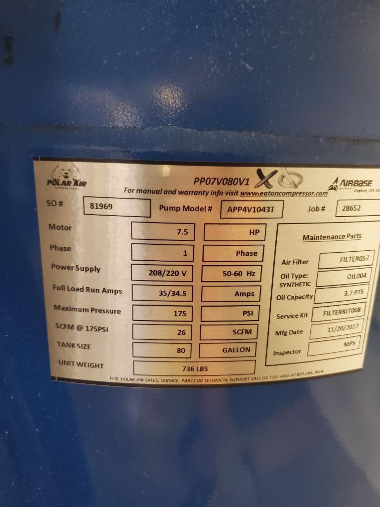 POLAR AIR VERTICAL COMPRESSOR; 80-GALLONS, MODEL APP4V1043T, S/N 81969, 7.5 HP, SINGLE PHASE, 175-PS - Image 6 of 6