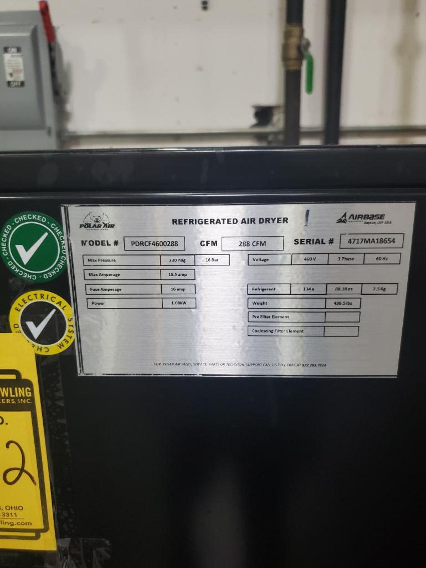 POLAR AIR REFRIGERATED AIR DRYER; MODEL DPRCF4600288, S/N 4717MA18654, 3-PHASE, 460-VOLTS - Image 6 of 7