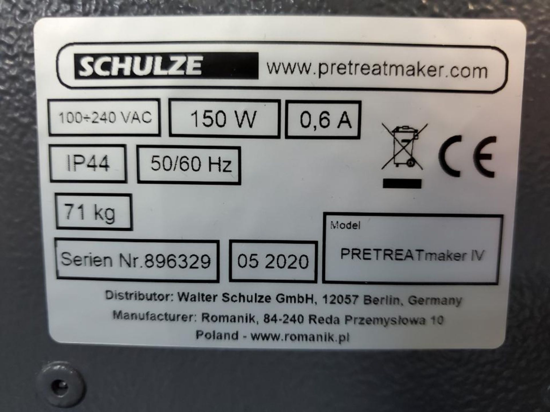 2020 SCHULZE PRETREATMAKER, MODEL PRETREATMAKER IV, S/N 896320, AUTOMATICAL PRETREATMENT FACILITY FO - Image 6 of 7