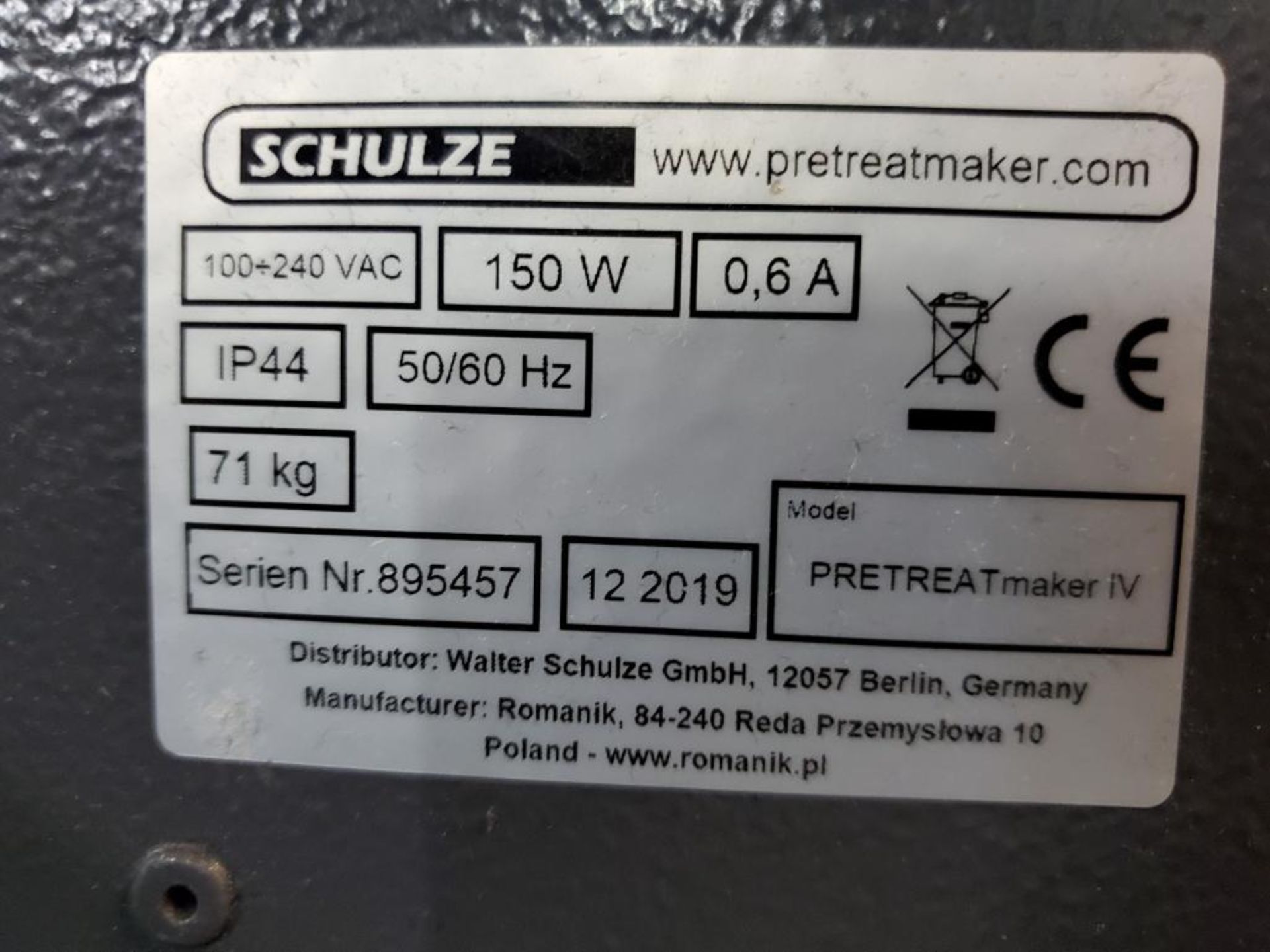 2019 SCHULZE PRETREATMAKER, MODEL PRETREATMAKER IV, S/N 895457, AUTOMATICAL PRETREATMENT FACILITY FO - Image 6 of 6