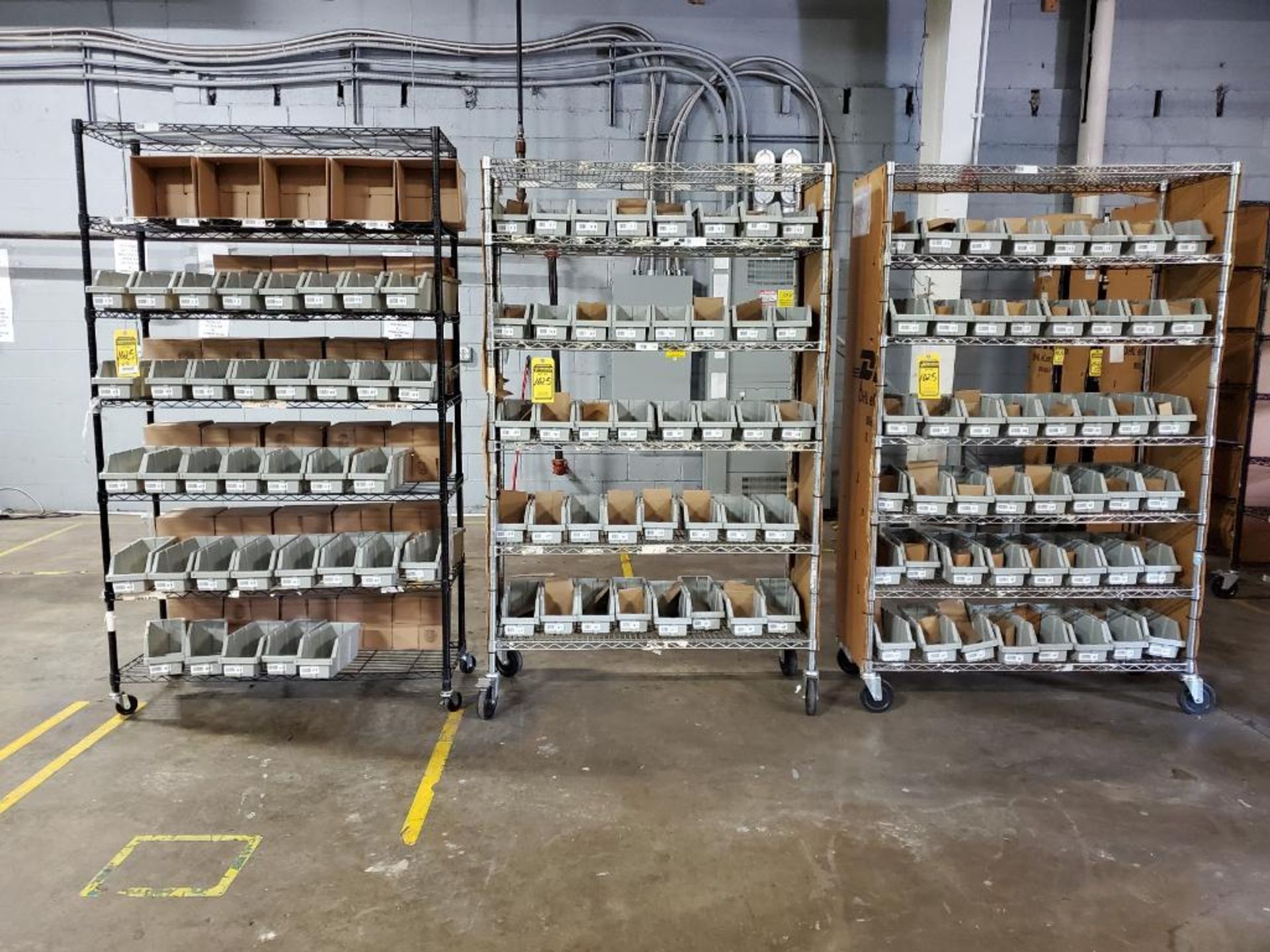 (3) METRO ROLLING SHELVING W/ PLASTIC BINS