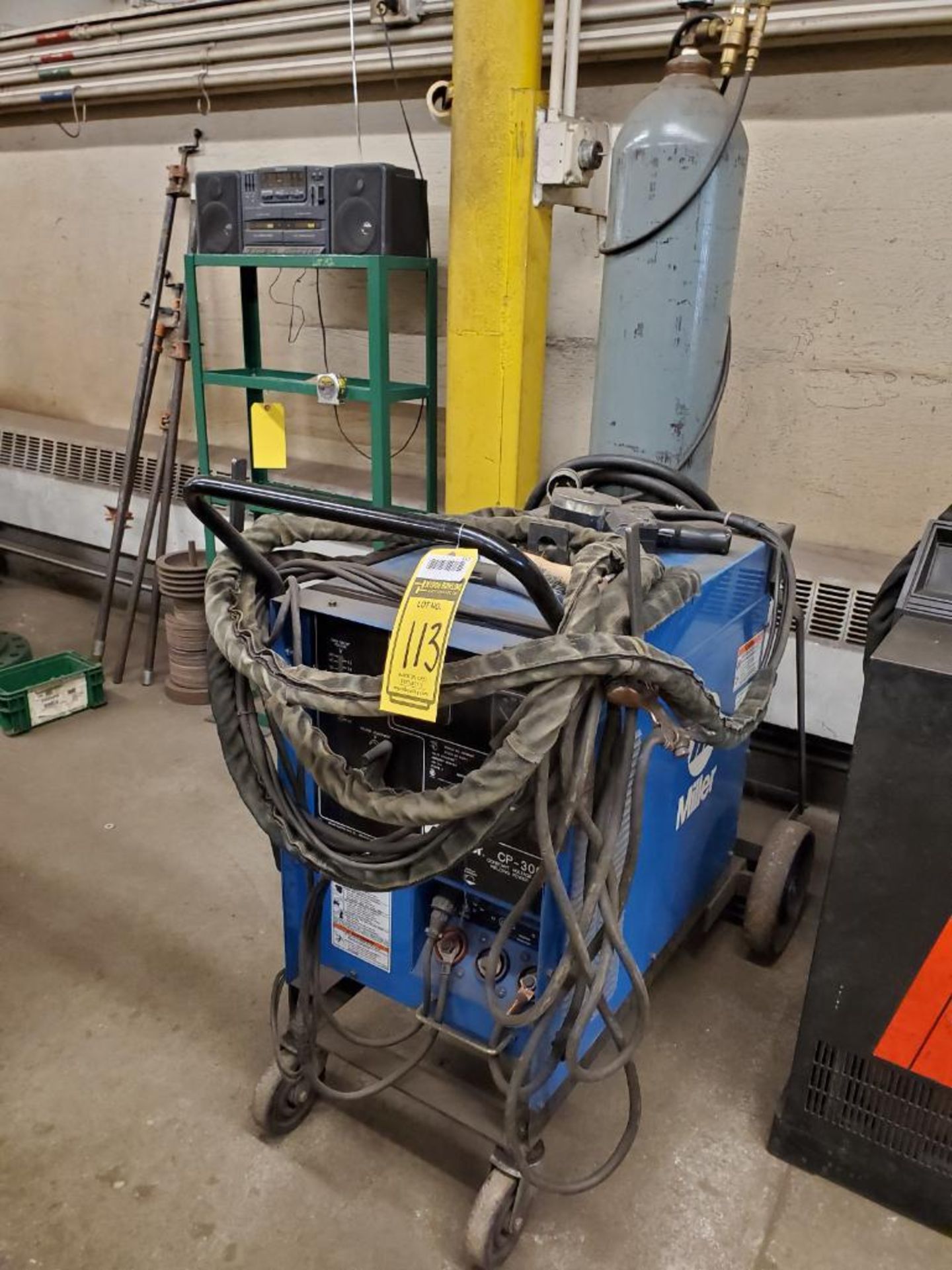 MILLER CP-300 CV/DC ARC WELDER ON BOTTLE CART WITH BOTTLE, GROUND, LEAD, GUN HEAD