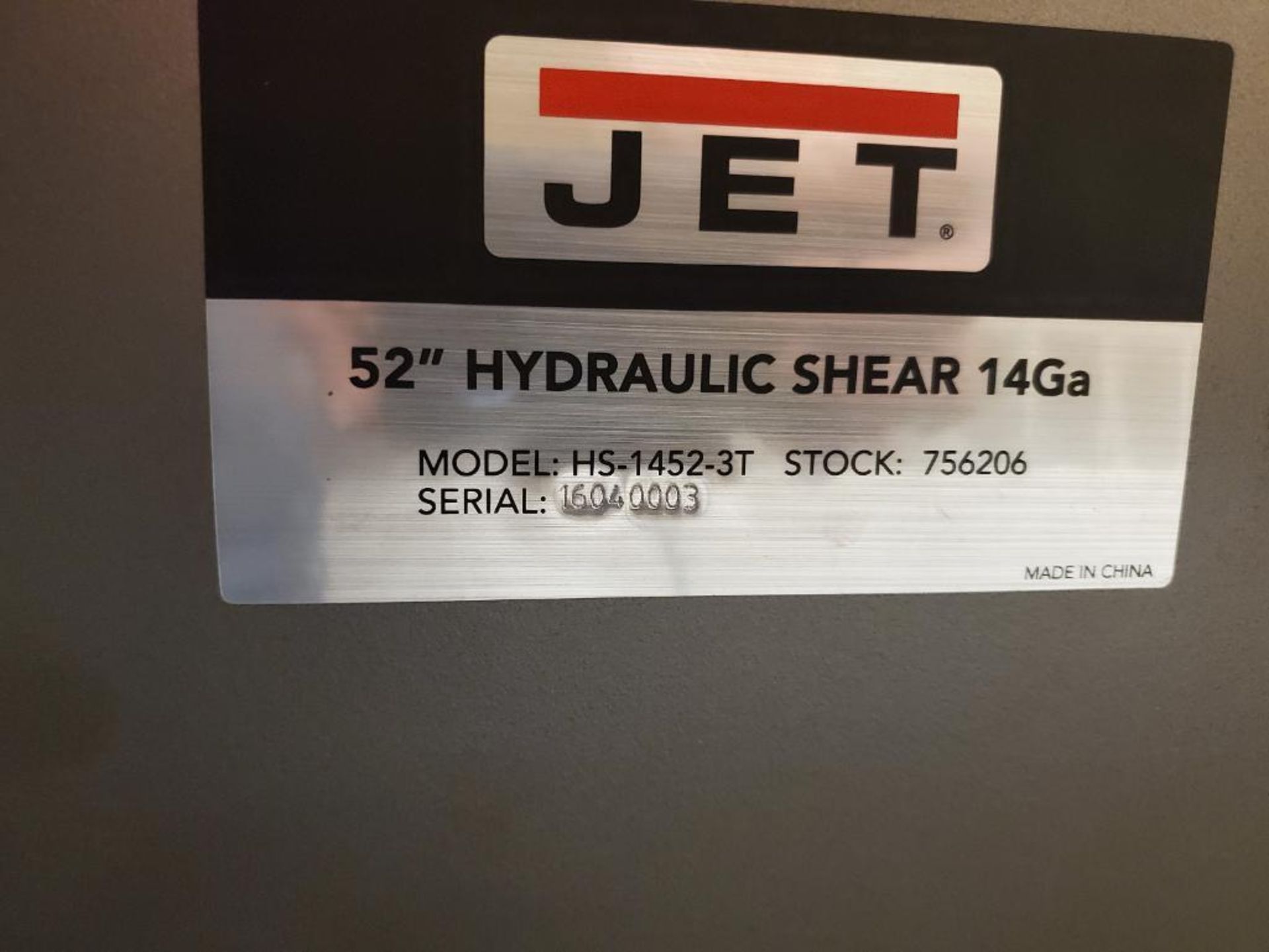 JET 52" X 14-GA. HYD. SHEAR, MODEL HS-1452-3T, S/N 16040003, FOOTSWITCH, BACKGAUGE, GRATED CUTOFF DR - Image 8 of 9