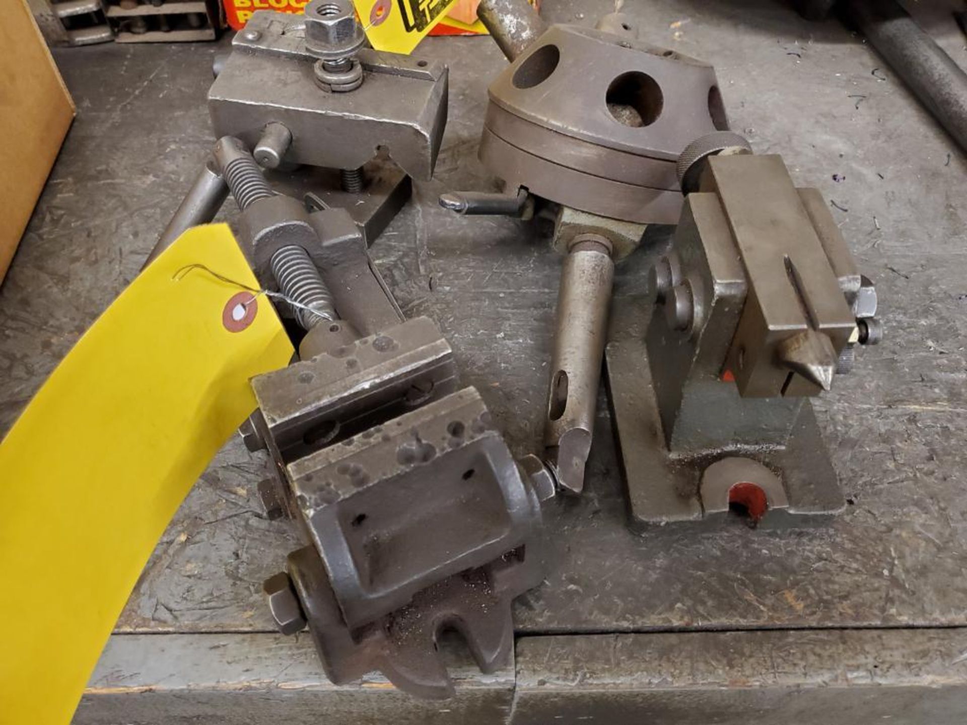 (4) MACHINE ATTACHMENTS - SMALL TAILSTOCK, TURRET HEAD FOR SMALL LATHE, VISE AND SPACER