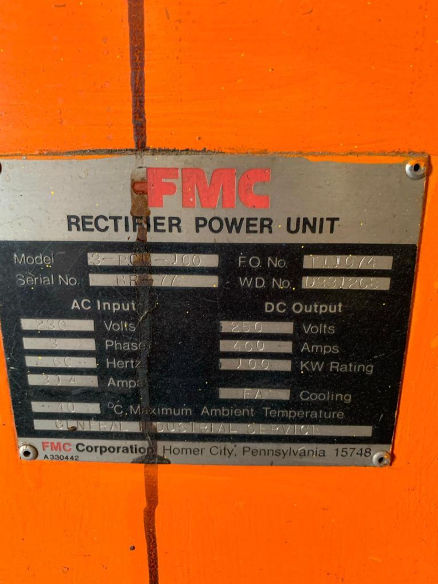 FMC RECTIFIER POWER UNIT, MODEL 3-PCU-100, S/N BR-44, 230/60/3, 100 KW, 400 AMP, 250 V. DC OUTPUT - Image 3 of 3