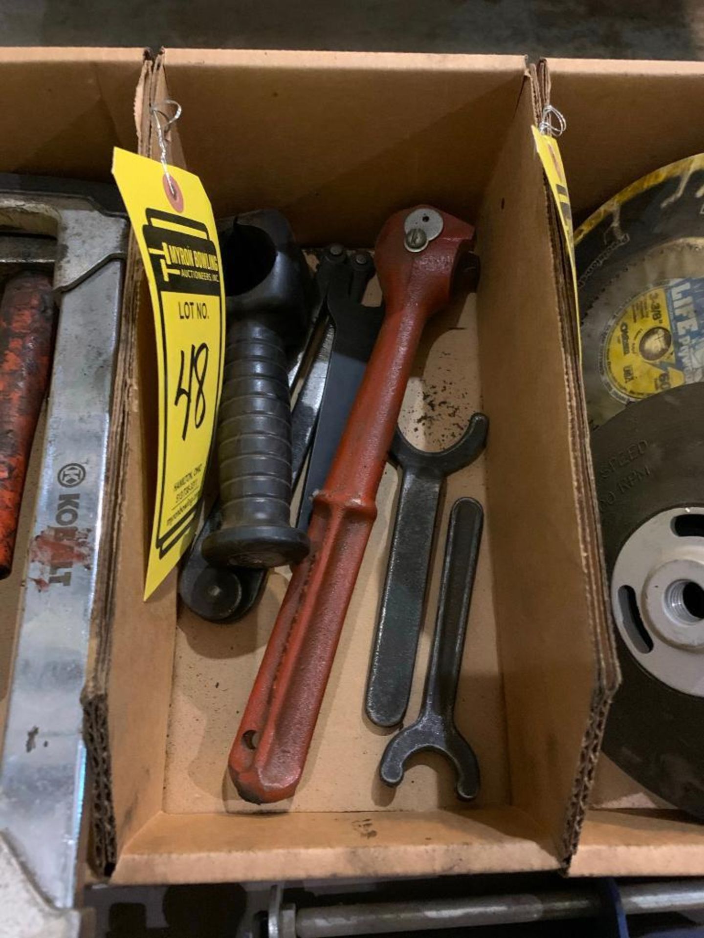 (5) BOXES OF ASSORTED TOOLS: WRENCHES, DESMOND TOOL, TUBE CUTTER, COOLANT LINE - Image 3 of 5