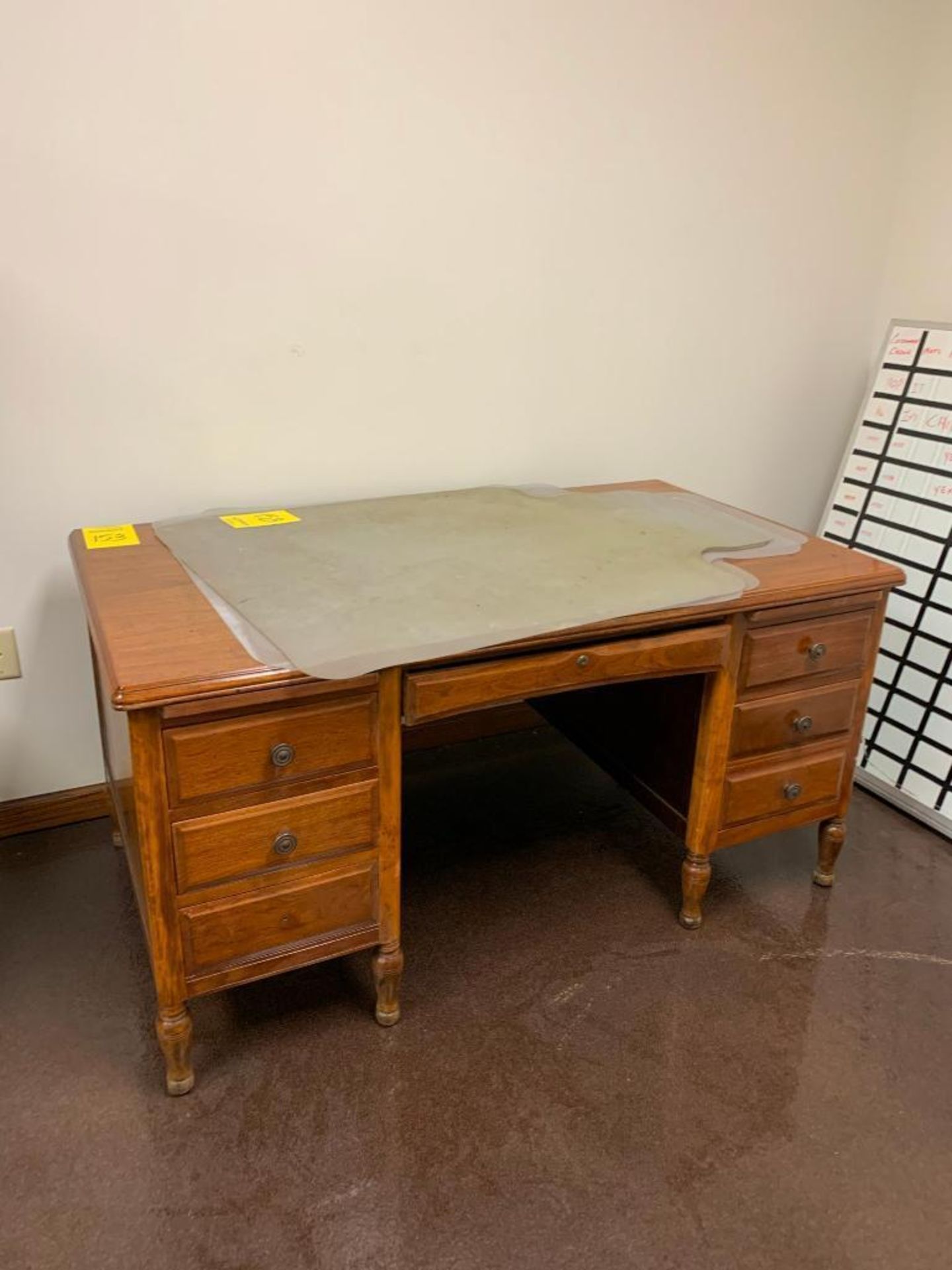 TABLE, CART, PLASTIC SHELF UNITS, (11) CHAIRS, (2) DESKS, DRY ERASE BOARDS, RUGS - Image 6 of 8