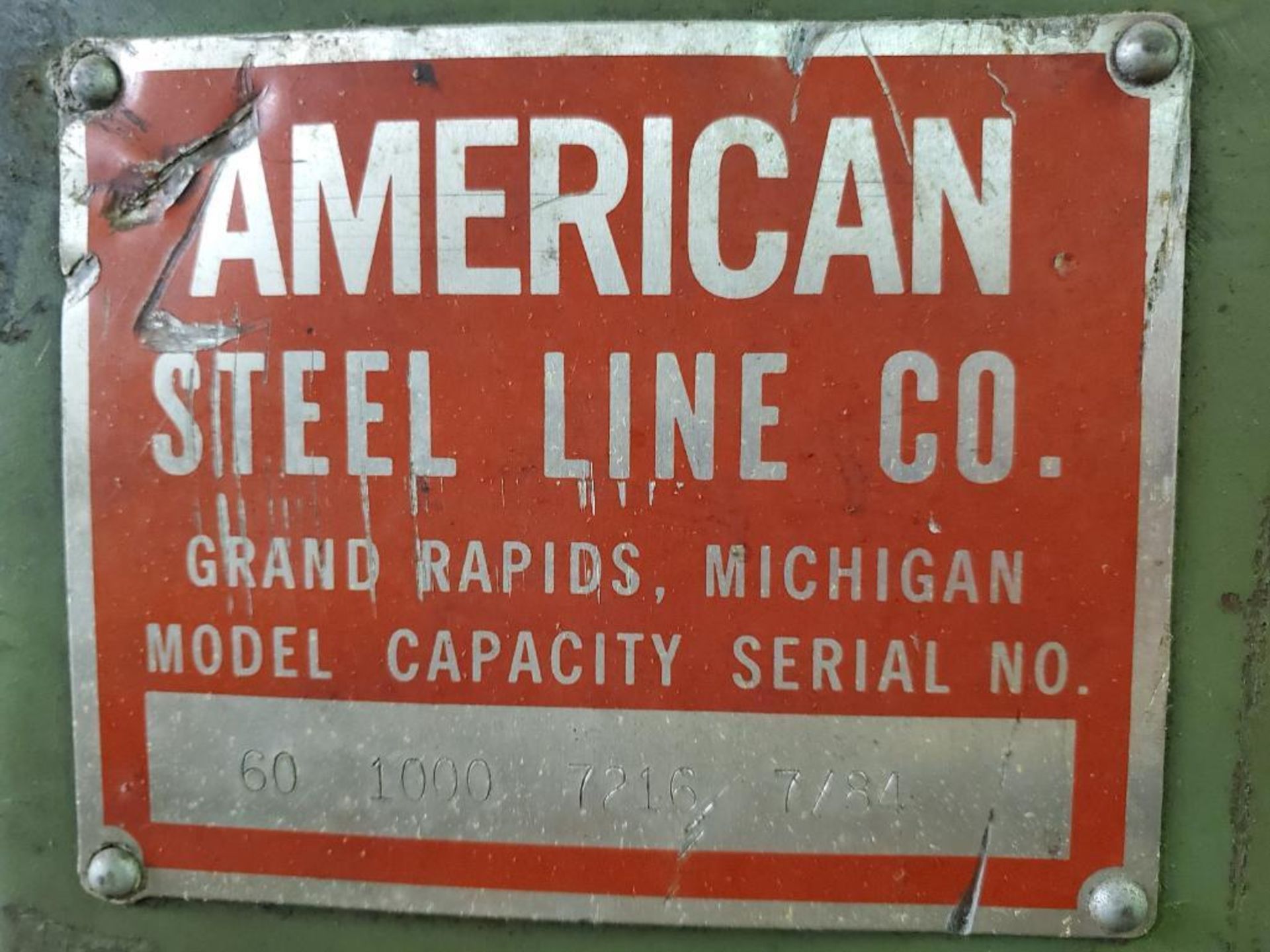 1984 AMERICAN STEEL LINE 1,000 LB. STOCK REEL, MODEL 60, S/N 7216, 3 22" MANDRELS - Image 7 of 8