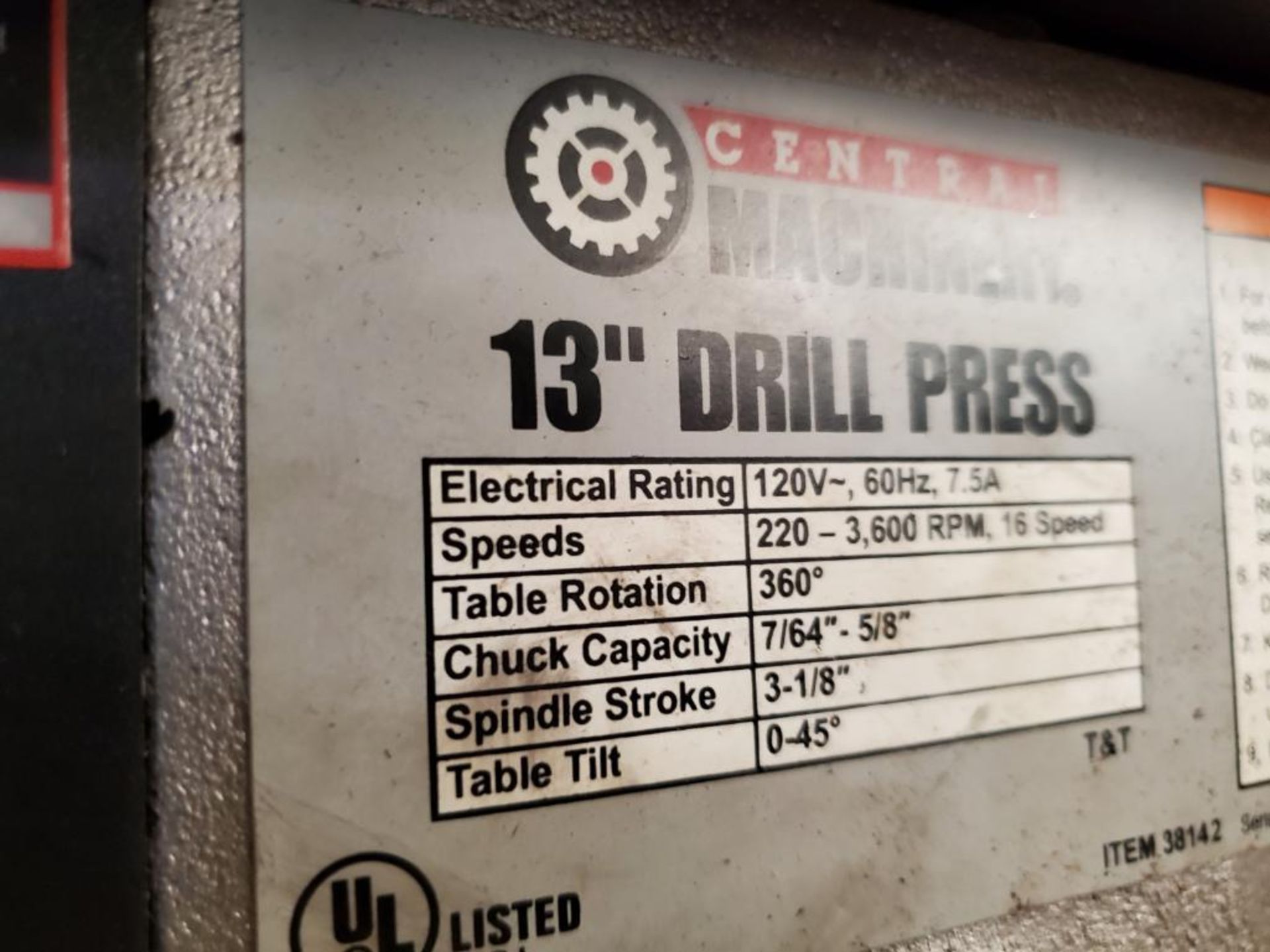 CENTRAL MACHINERY 13" VERTICAL BENCHTOP DRILL PRESS WITH STEEL TABLE, 12" DIA. TILT TABLE, 3-1/8" - Image 7 of 12