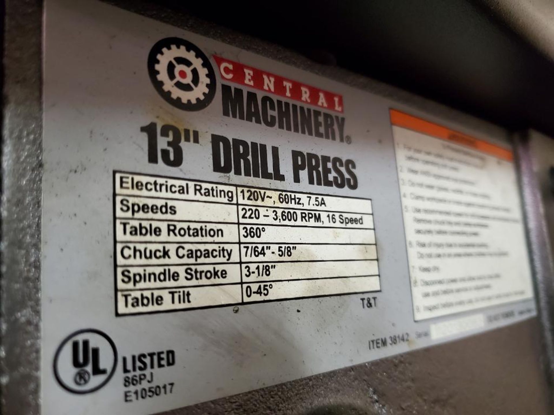 CENTRAL MACHINERY 13" VERTICAL BENCHTOP DRILL PRESS BUTCHER BLOCK TOP TABLE, 12" DIA. TILT TABLE, - Image 5 of 8