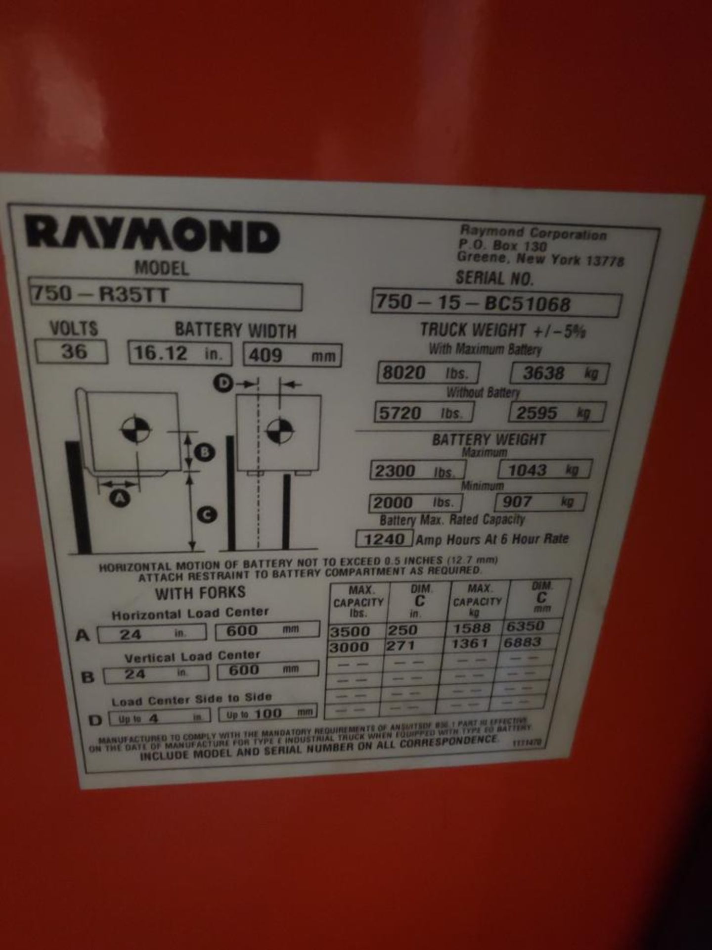 2015 RAYMOND 3,500 LB. CAPACITY REACH TRUCK; MODEL 750-R35TT, S/N 750-15-BC51068, 271'' LIFT HEIGHT, - Image 7 of 7