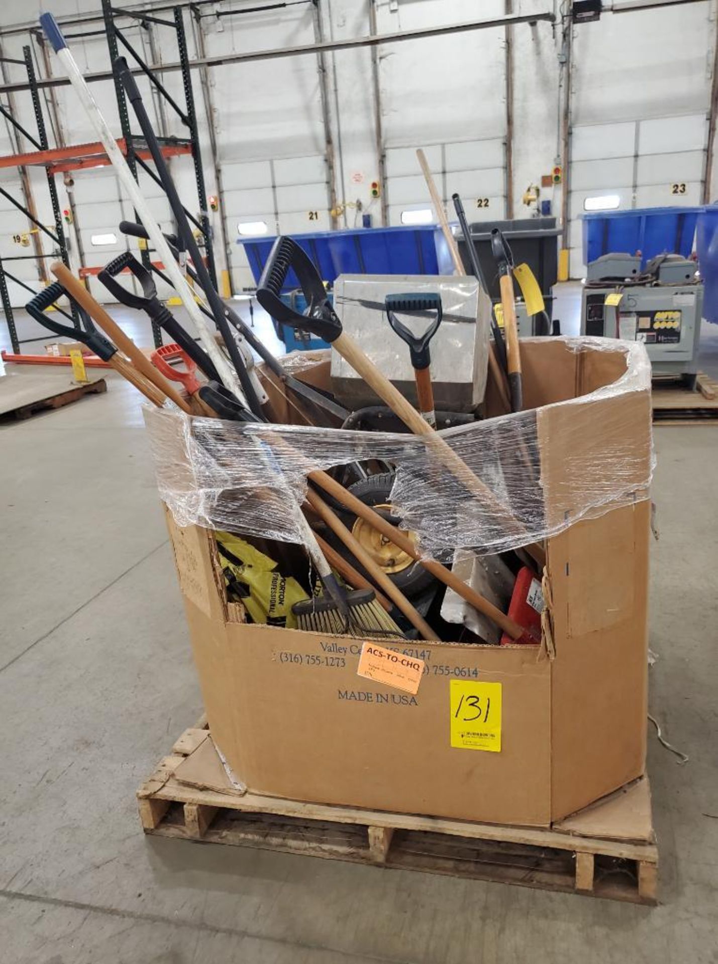 BOX OF ASSORTED BROOMS, SHOVELS, AND SPYKER SEED SPREADER ***END LOCATION: 13000 DARICE PKWY,
