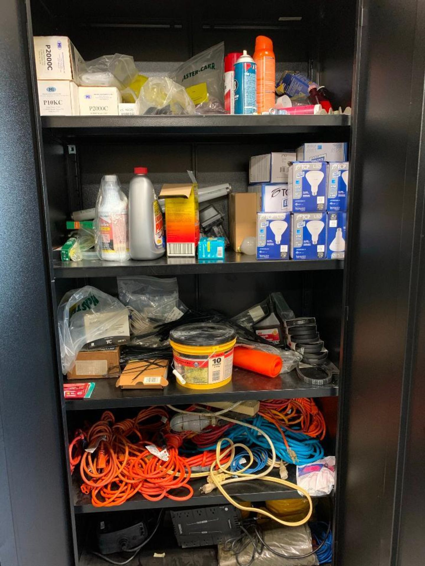 (2) 2-DOOR CABINETS W/ZIP TIES, LIGHT BULBS, EXTENSION CORDS, AND MORE - Image 2 of 3