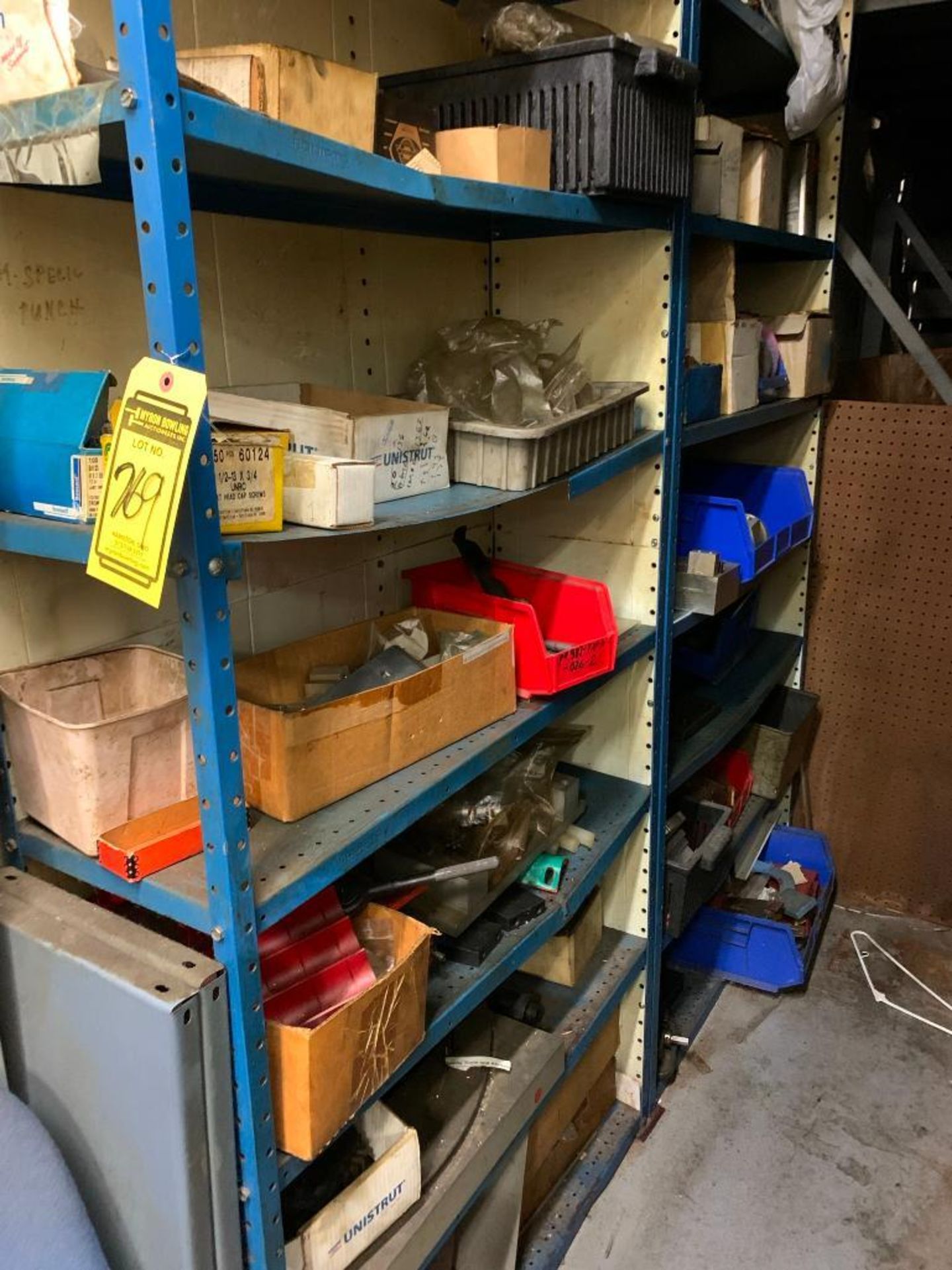 (4) SECTIONS OF LIGHT DUTY SHELVING WITH HARDWARE, ASSORTED PARTS, TOOLING, AND MACHINING PARTS