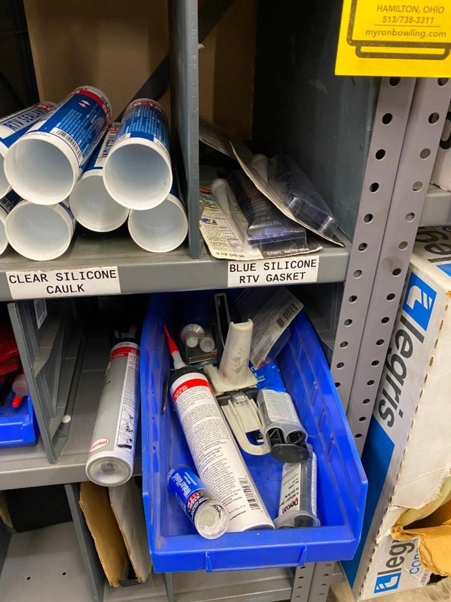 SHELF AND CONTENTS OF ASSORTED CAULKING, GLUE, AND LAPPING COMPOUND - Image 3 of 3