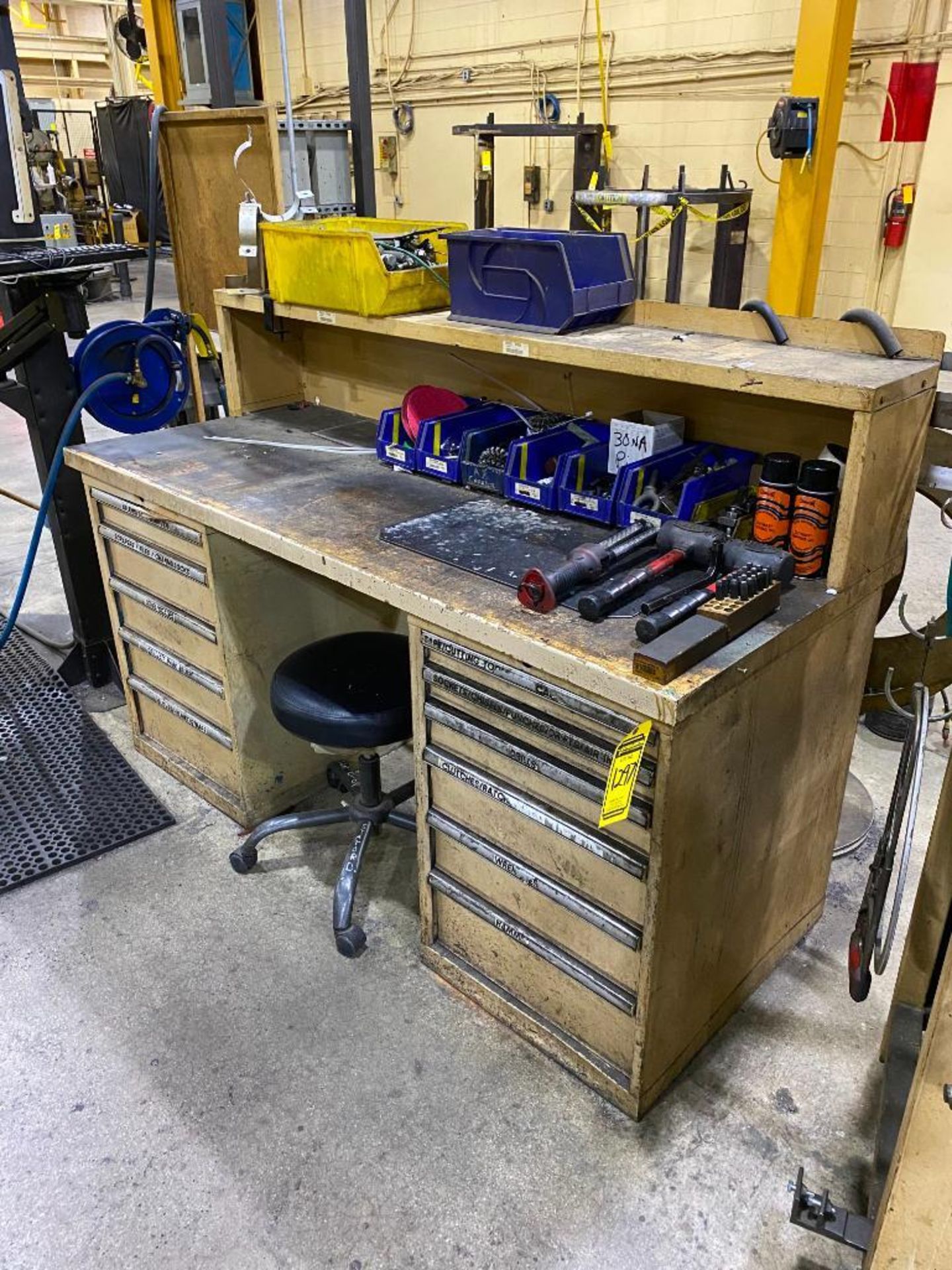 WOOD TOP WORKBENCH, (2) VIDMAR CABINETS AND CONTENTS OF ASSORTED HAND TOOLS AND DRILL PARTS