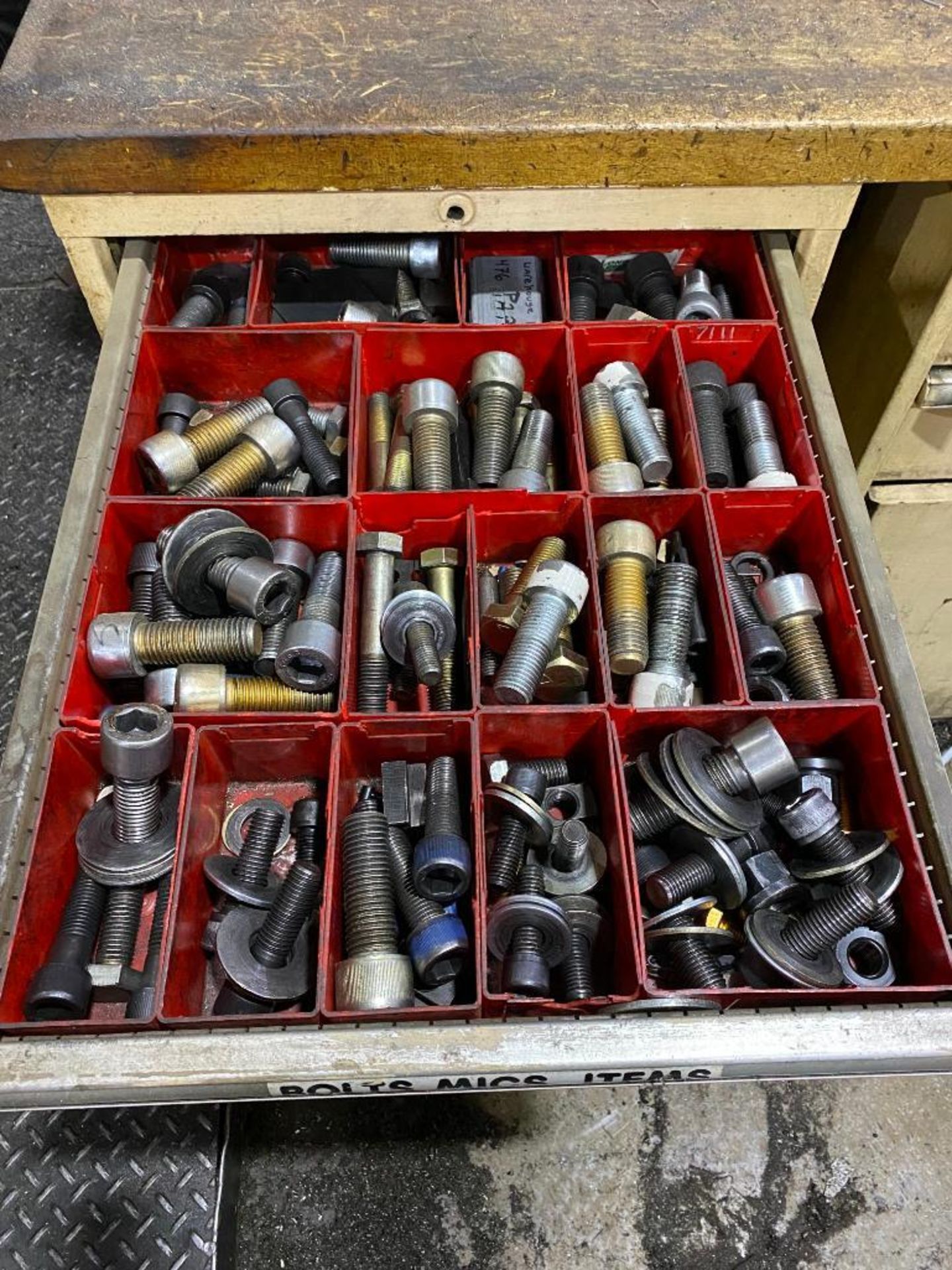 (3) VIDMAR CABINETS W/WOODEN TABLE TOP, HOSE REEL, AND CONTENTS OF ASSORTED PRECISION TOOLS, HAND TO