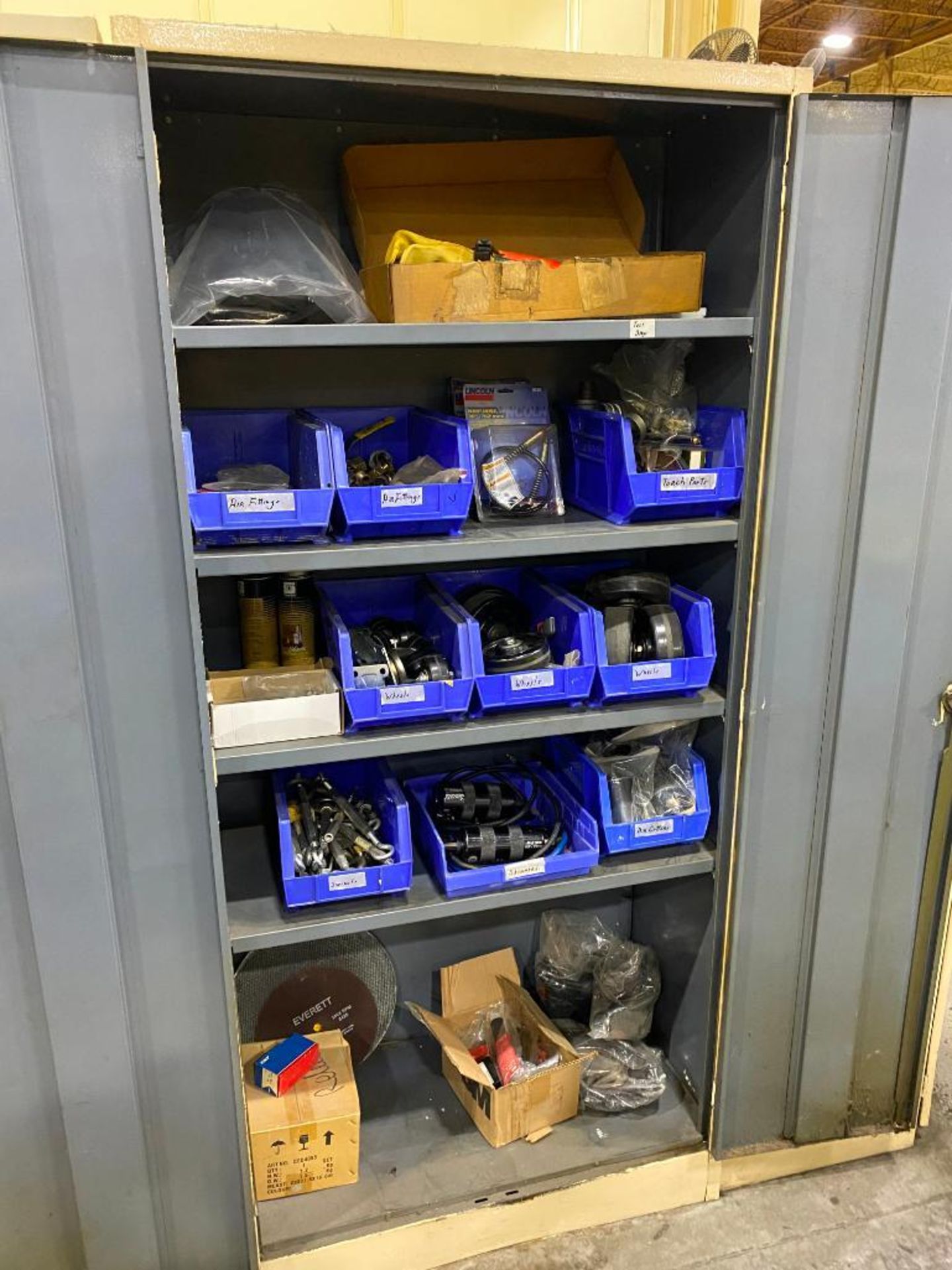 CABINET AND CONTENTS OF CASTERS, TURN BUCKLES, BALL VALVES AND AIR FITTINGS