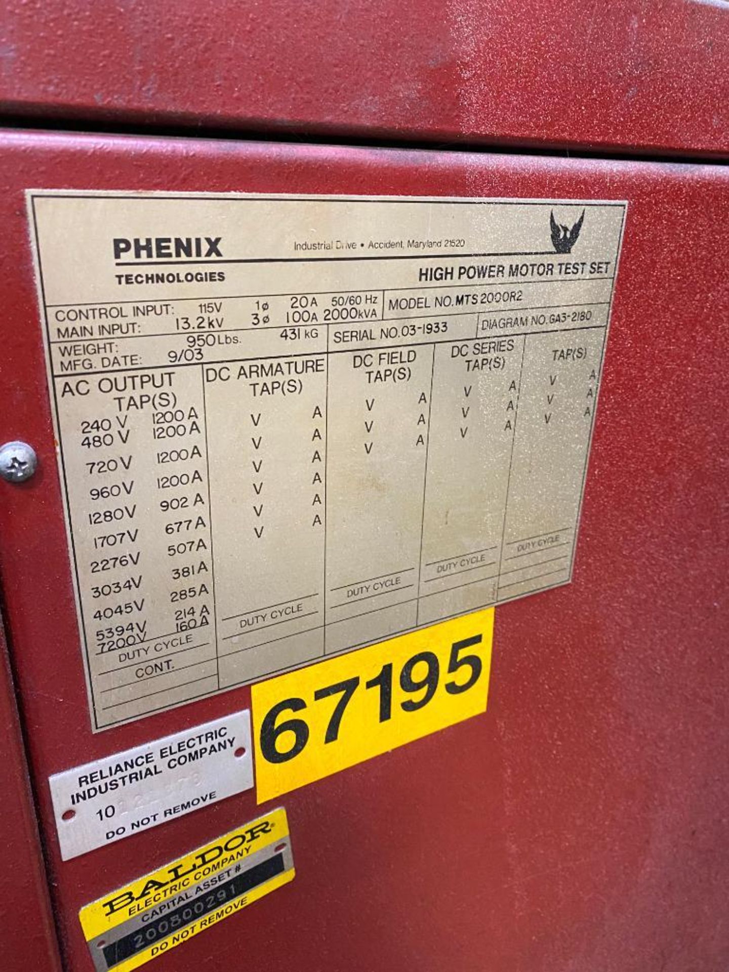 NEW 2003 PHENIX HI-VOLTAGE CONTROL UNIT 12' PHENIX JIB ARM WALL MOUNTED, HIGH POWER MOTOR TEST SET, - Image 3 of 14