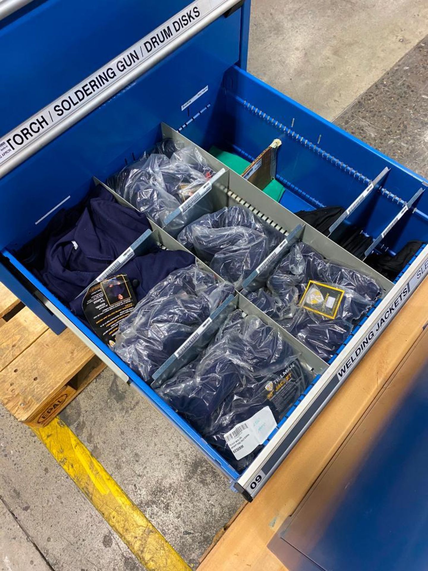 ROUSSEAU CABINET AND CONTENTS OF ASSORTED SAWBLADES, WELDING TIPS, TOOLING, GLOVES, JACKETS - Image 10 of 10