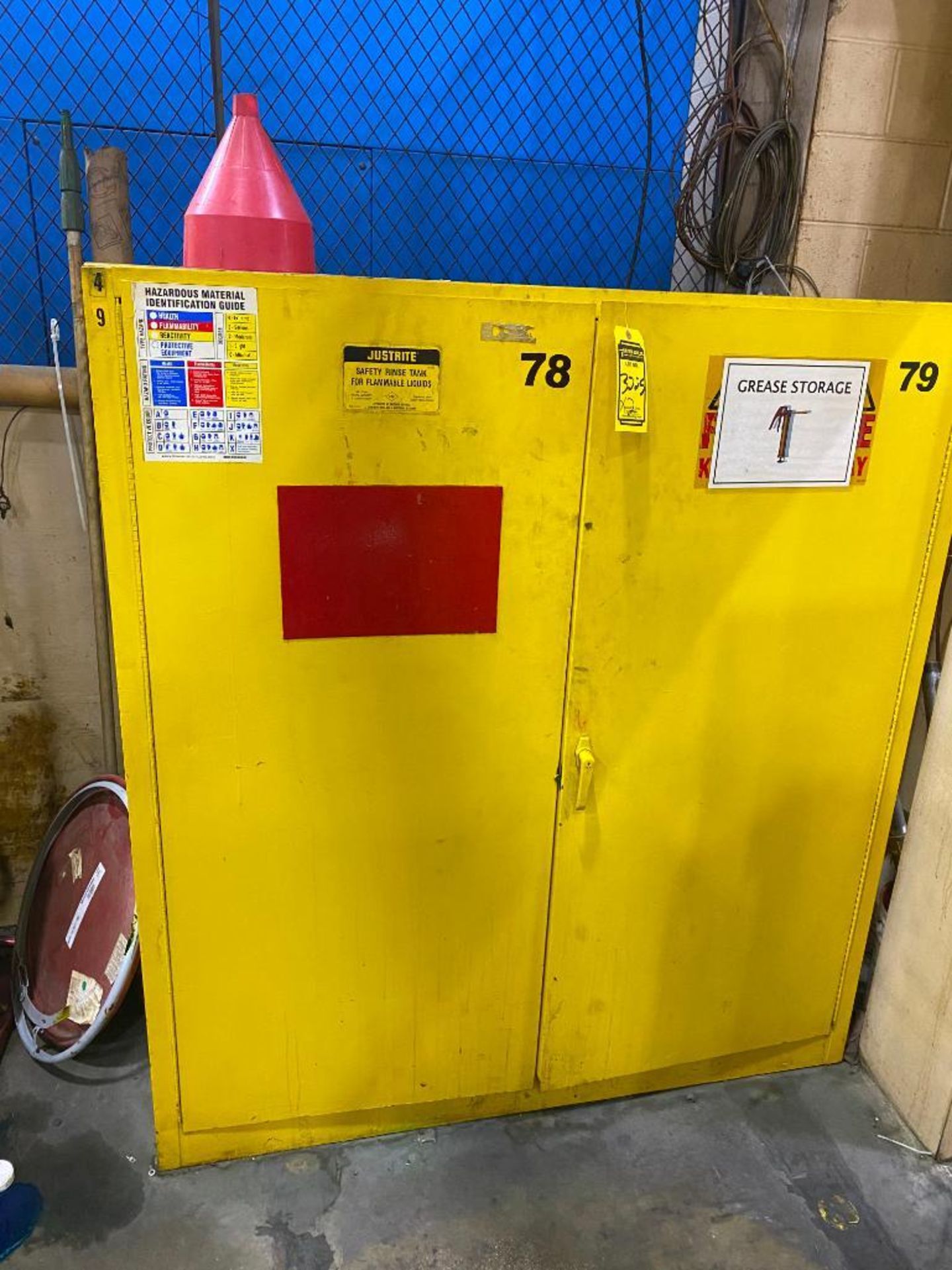FLAMMABLE CABINET, 2-DOOR CABINET W/ CONTENTS OF GREASE AND MANUAL GREASE GUNS