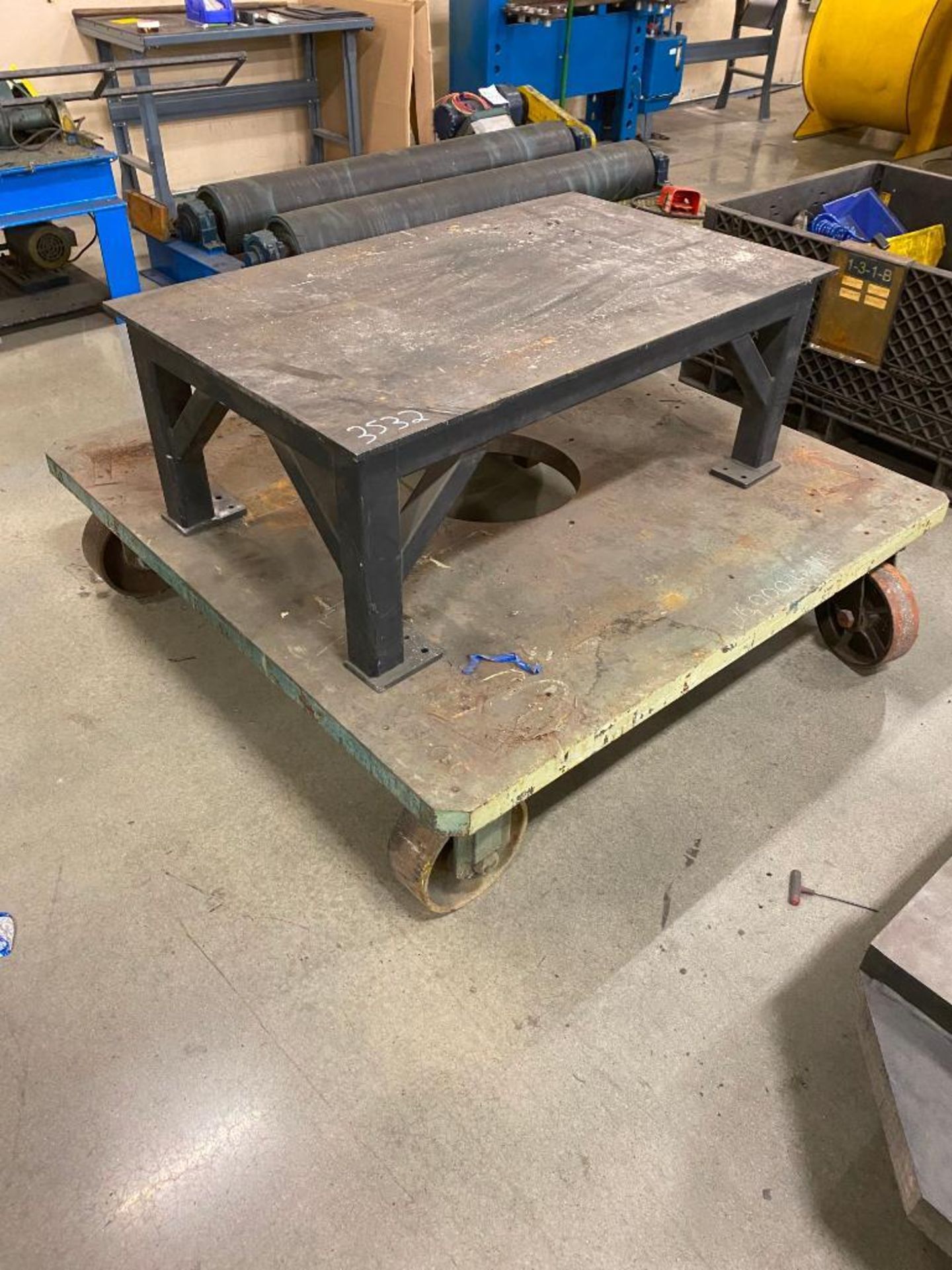16,000 LB. DIE CART, 5' X 5' X 2-1/4'', AND STEEL TOP TABLE, 50'' X 30'' X 18''