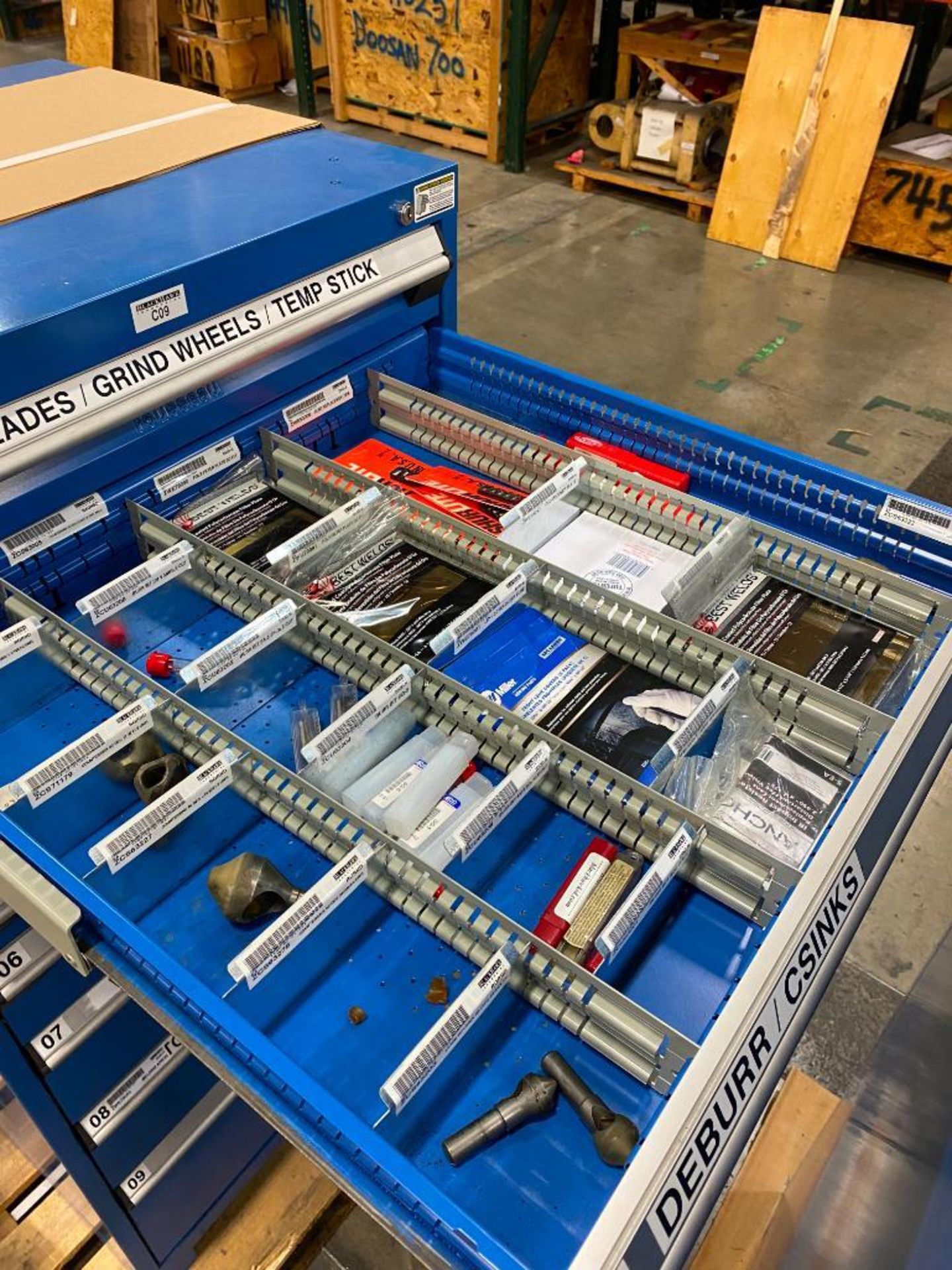 ROUSSEAU CABINET AND CONTENTS OF ASSORTED SAWBLADES, WELDING TIPS, TOOLING, GLOVES, JACKETS - Image 3 of 10