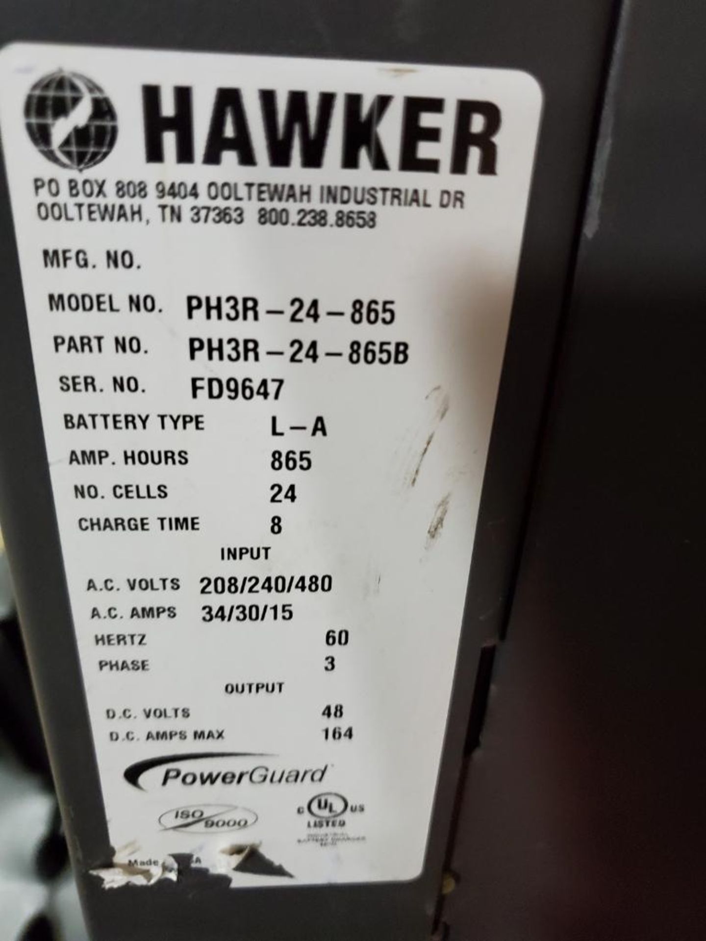 HAWKER POWER GUARD HD 48 V. BATTERY CHARGER, MODEL PH3R-24-865, S/N FD9647 - Image 3 of 3