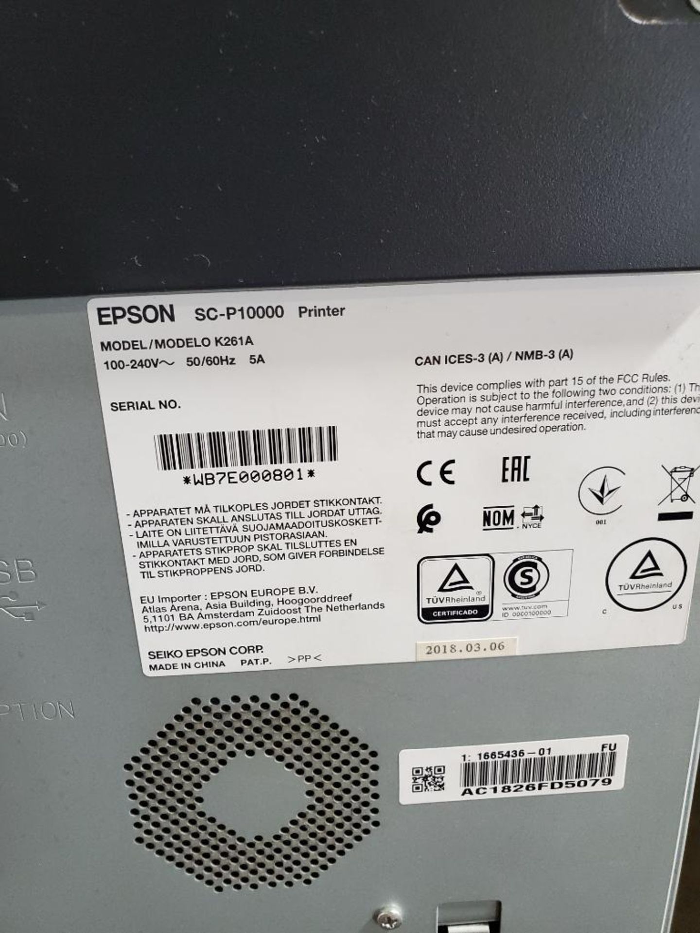 EPSON ULTRA CHROME SURECOLOR P10000 PRINTER; MODEL K261A, S/N WB7E0000001 - Image 5 of 5