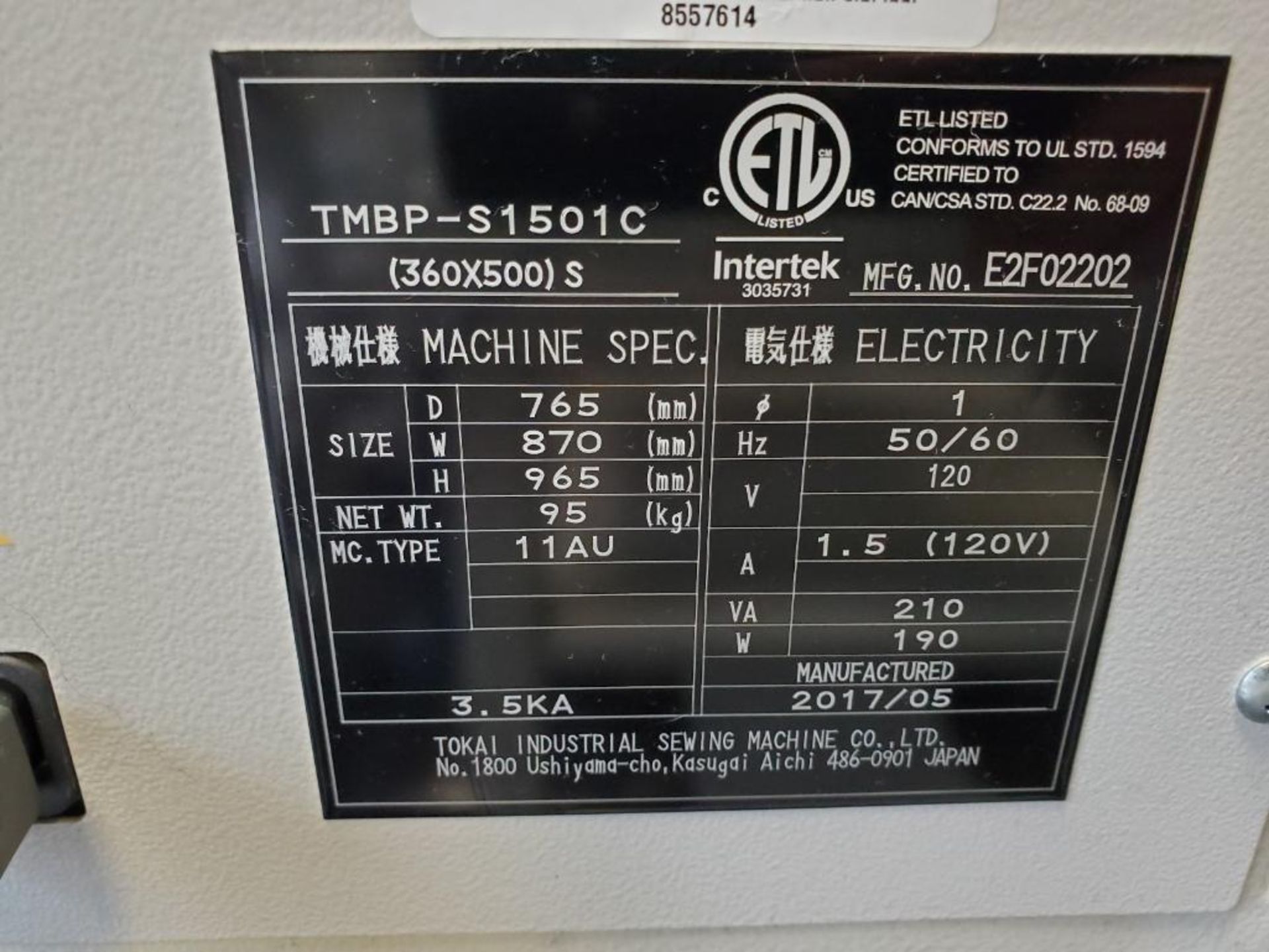 2017 TOKIA TAJIMA ELECTRONIC AUTOMATIC SEWING EMBROIDERY MACHINE, MODEL TMBP-S1501C, 15-THREAD SPOOL - Image 8 of 8