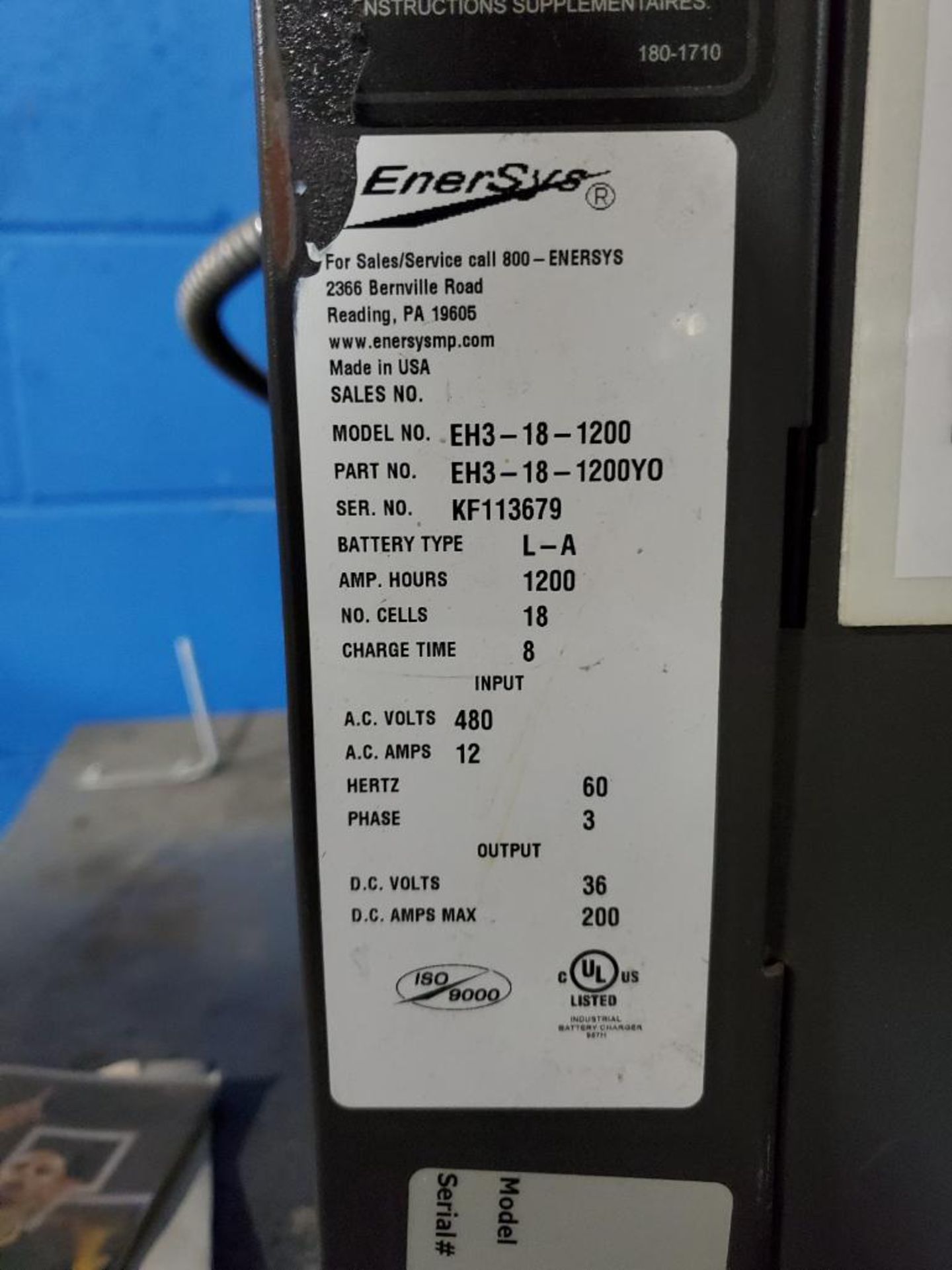 ENFORCER HF 36 V. BATTERY CHARGER, MODEL EH3-18-1200, S/N KF113679 - Image 3 of 3