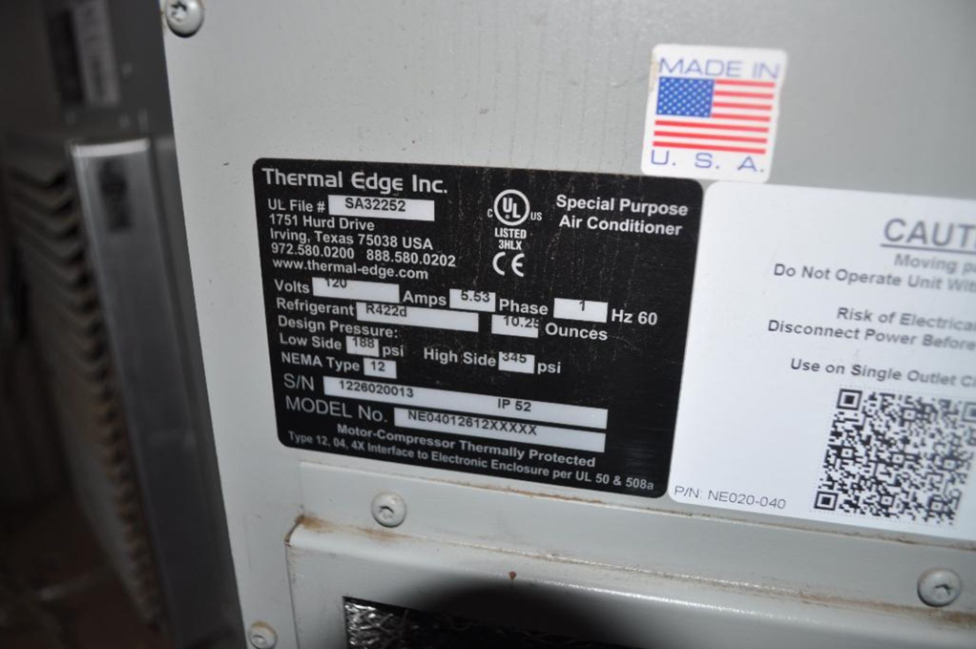 (2X) THERMAL EDGE ELECTRICAL PANEL AIR CONDITIONER UNIT, 1-PH - Image 3 of 3