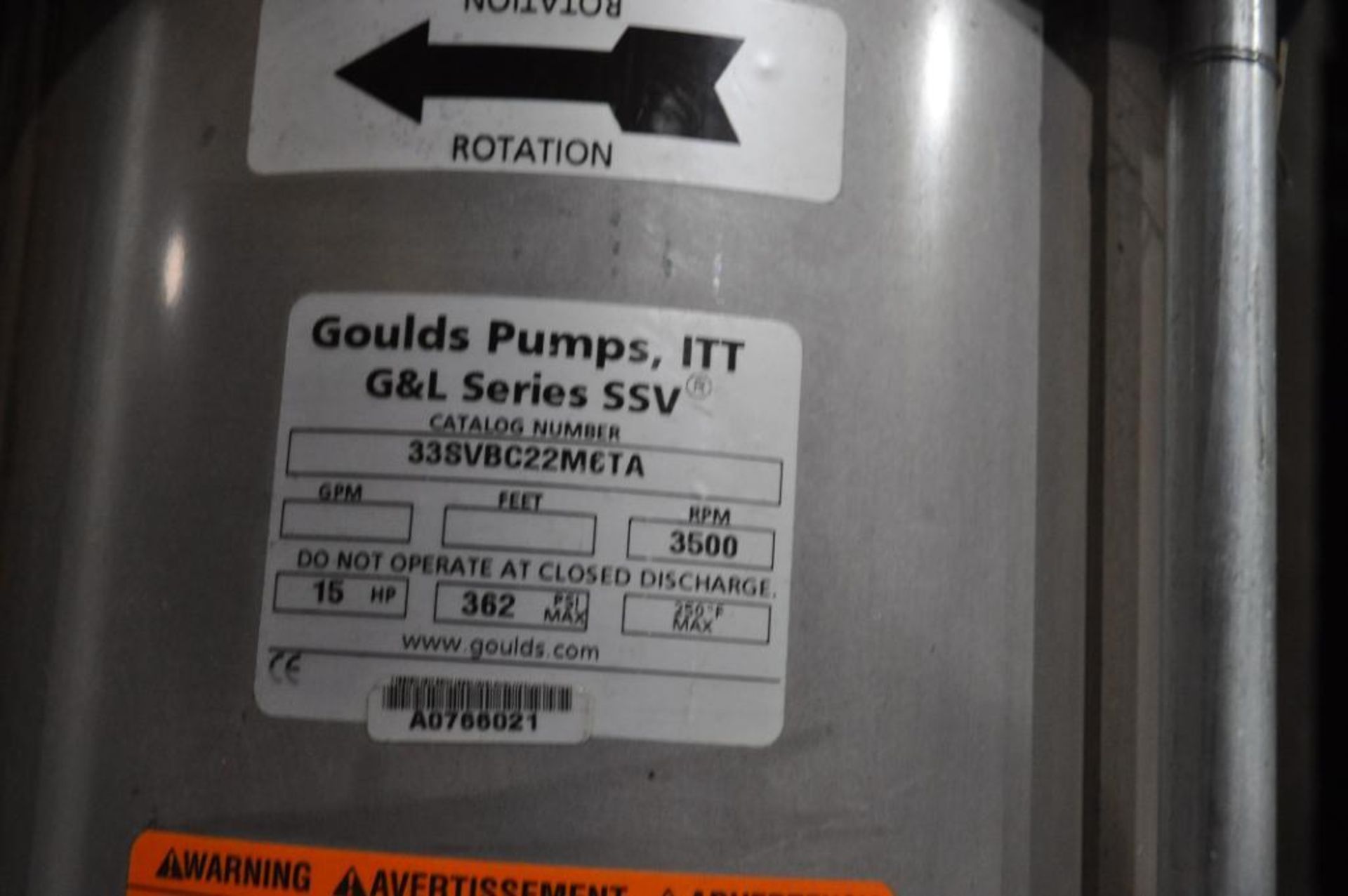 G & L GOULDS 33SVBC22M6TA 15-HP 208-230/460 VAC 3'' VERTICAL PUMP, NEW - Image 12 of 13