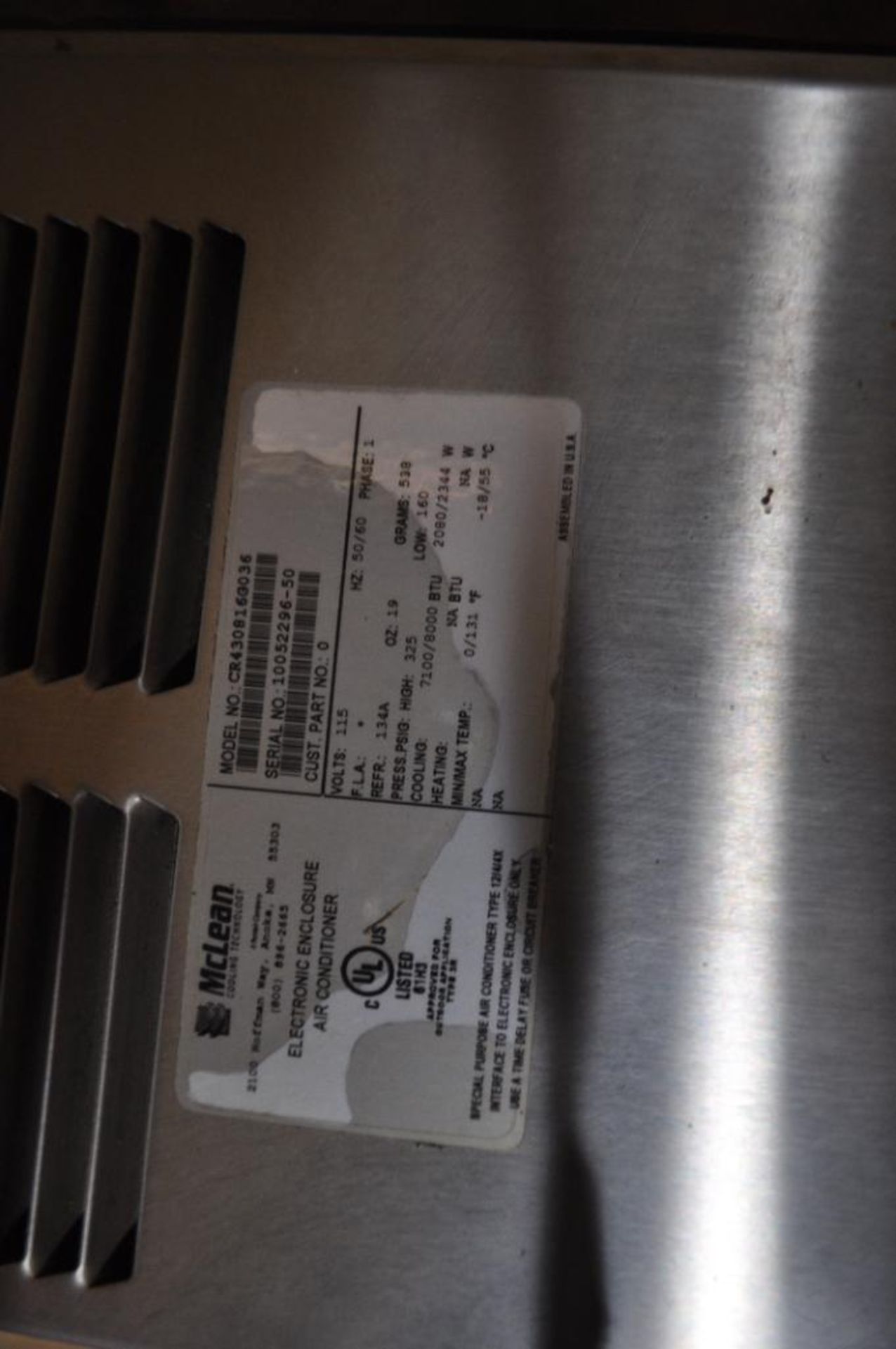 MCLEAN THERMAL STAINLESS ELECTRICAL PANEL AIR CONDITION UNIT, MODEL CR430816G036, 1-PH, 115 VAC - Image 4 of 6